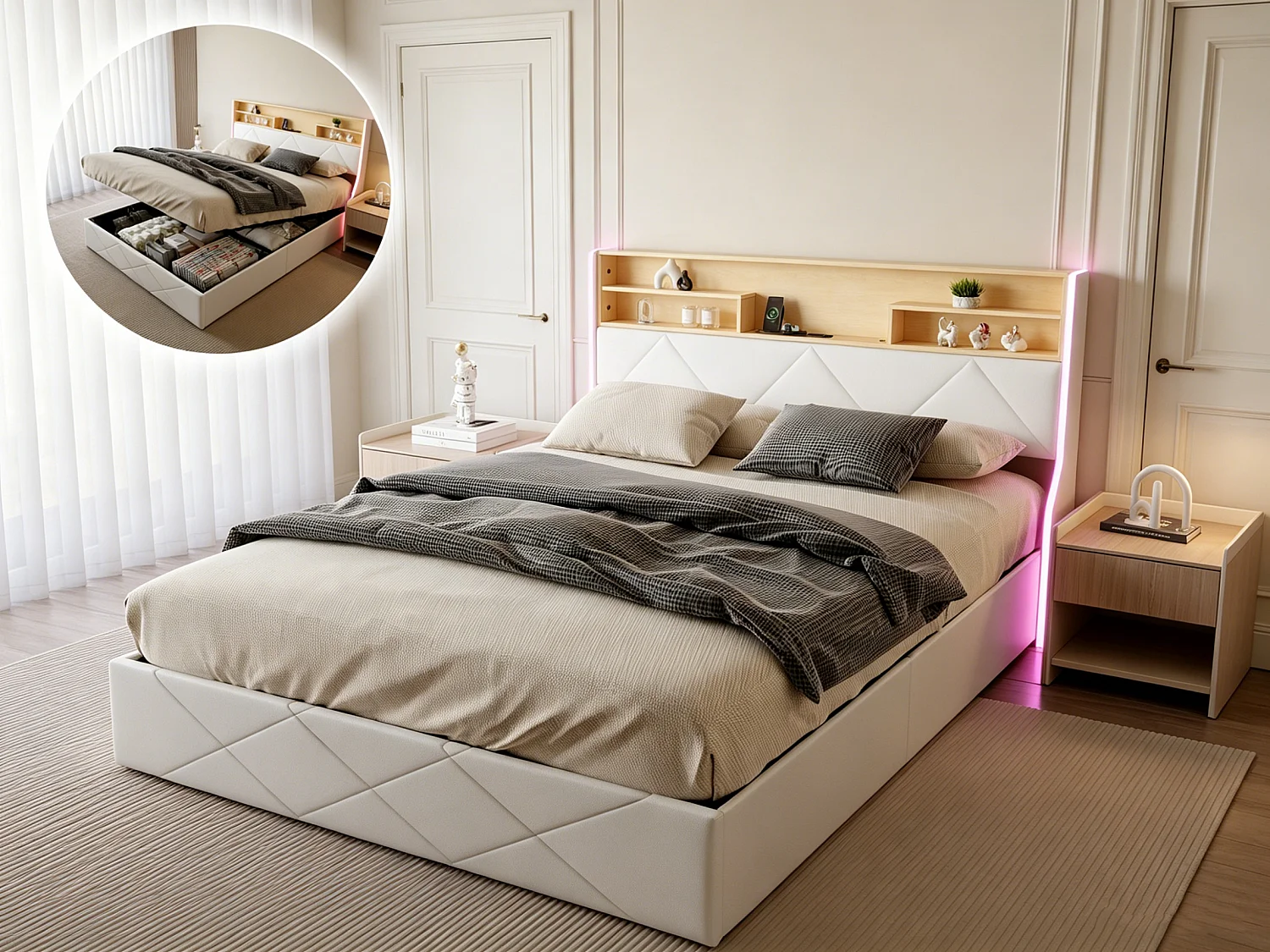 Tweepersoonsbed 160x200cm, opbergbed met ledverlichting en USB-poort, gestoffeerd tweepersoonsbed met opbergruimte, bedframe, PU-leer, wit