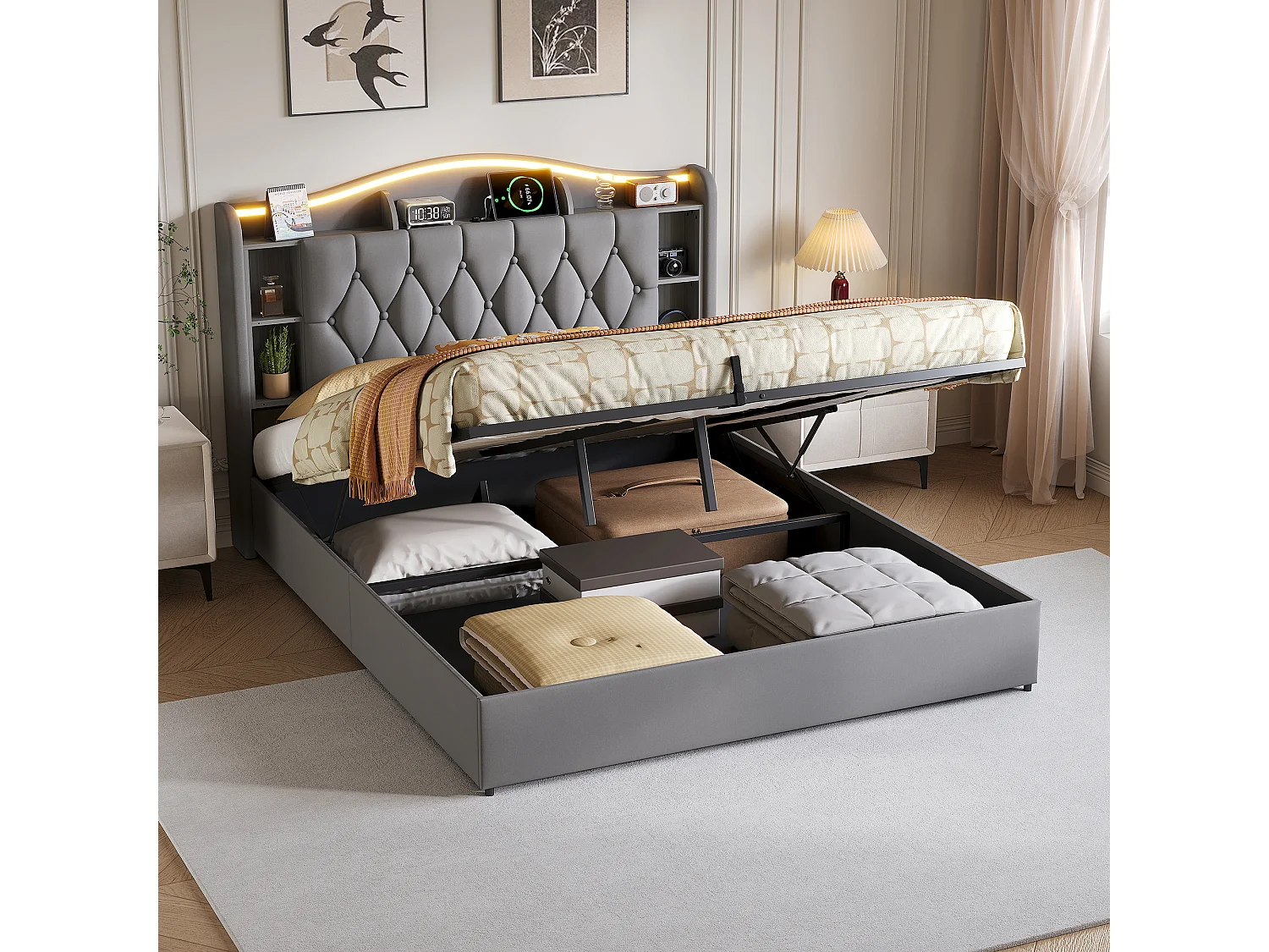 Lit double 140x200cm avec éclairage LED et ports USB - rangement hydraulique - velours - style moderne - gris