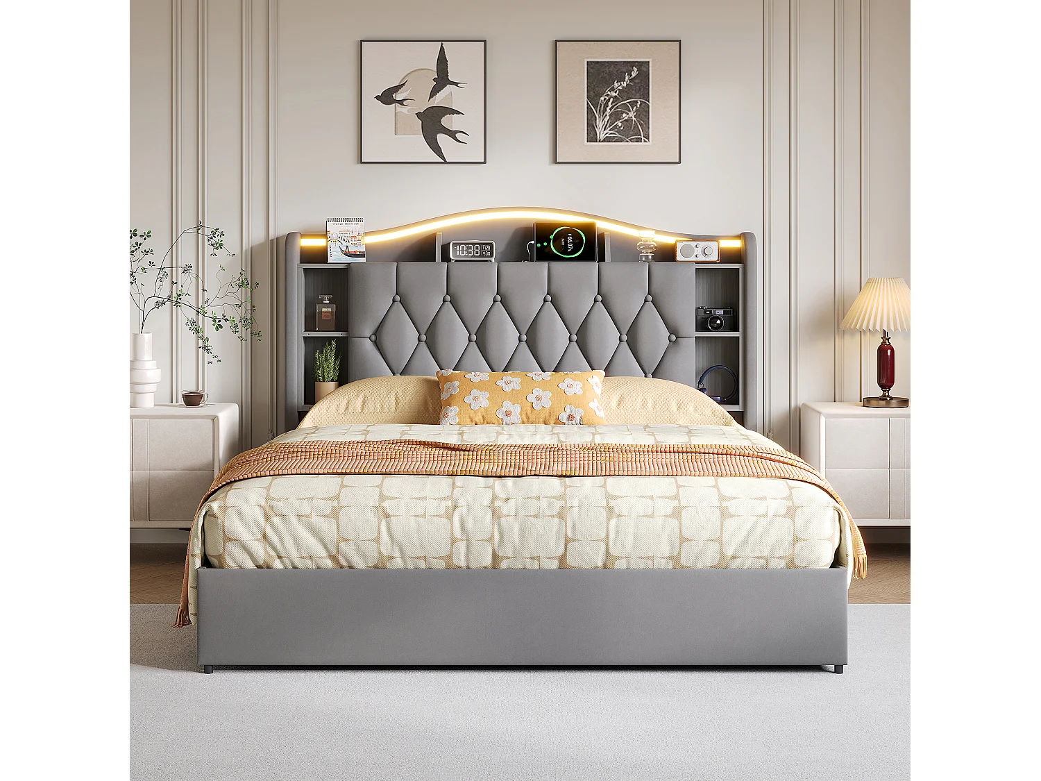 Lit double 140x200cm avec éclairage LED et ports USB - rangement hydraulique - velours - style moderne - gris