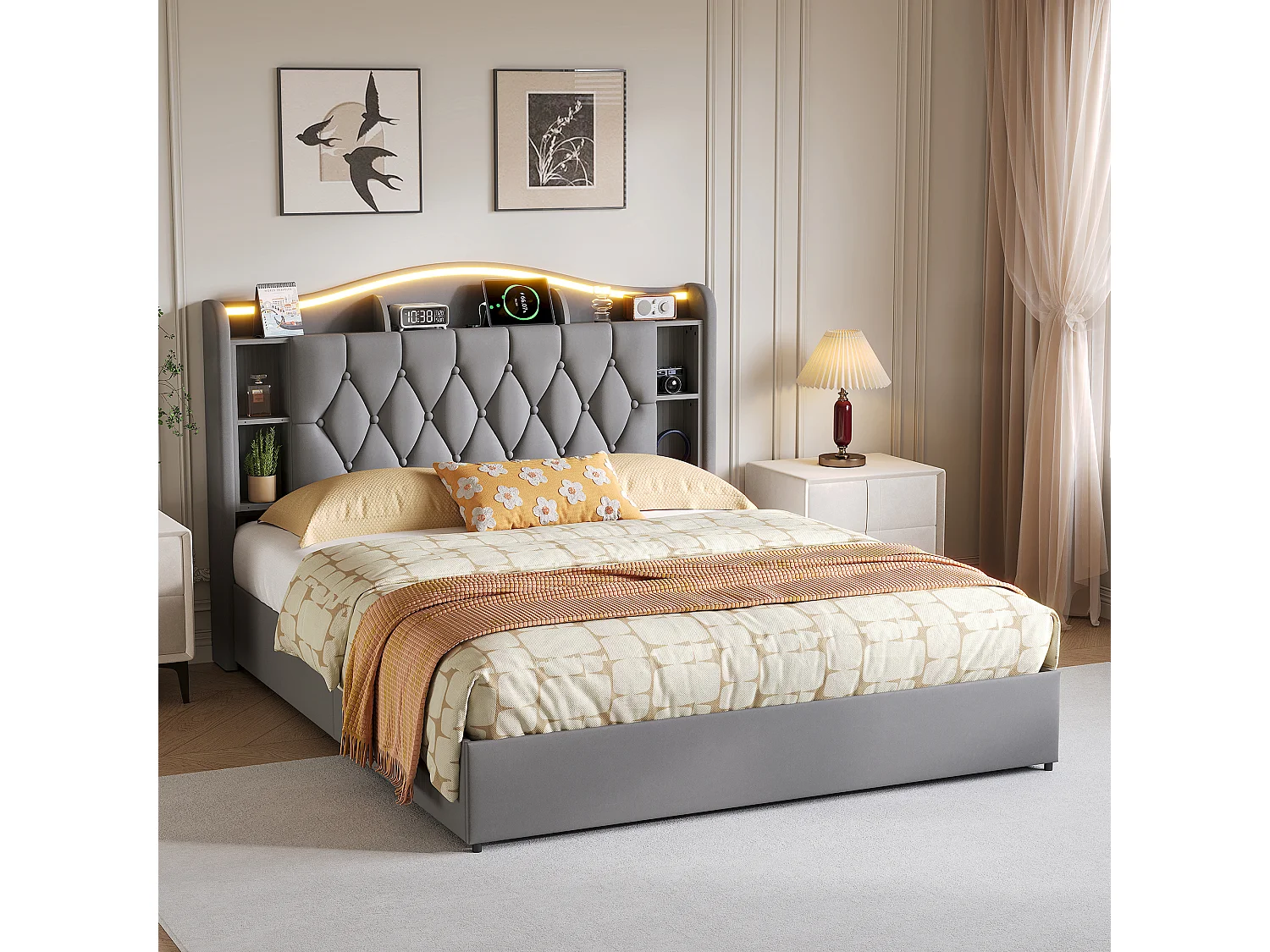 Lit double 140x200cm avec éclairage LED et ports USB - rangement hydraulique - velours - style moderne - gris