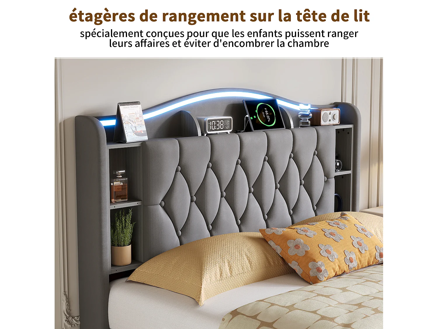 Lit double 140x200cm avec éclairage LED et ports USB - rangement hydraulique - velours - style moderne - gris