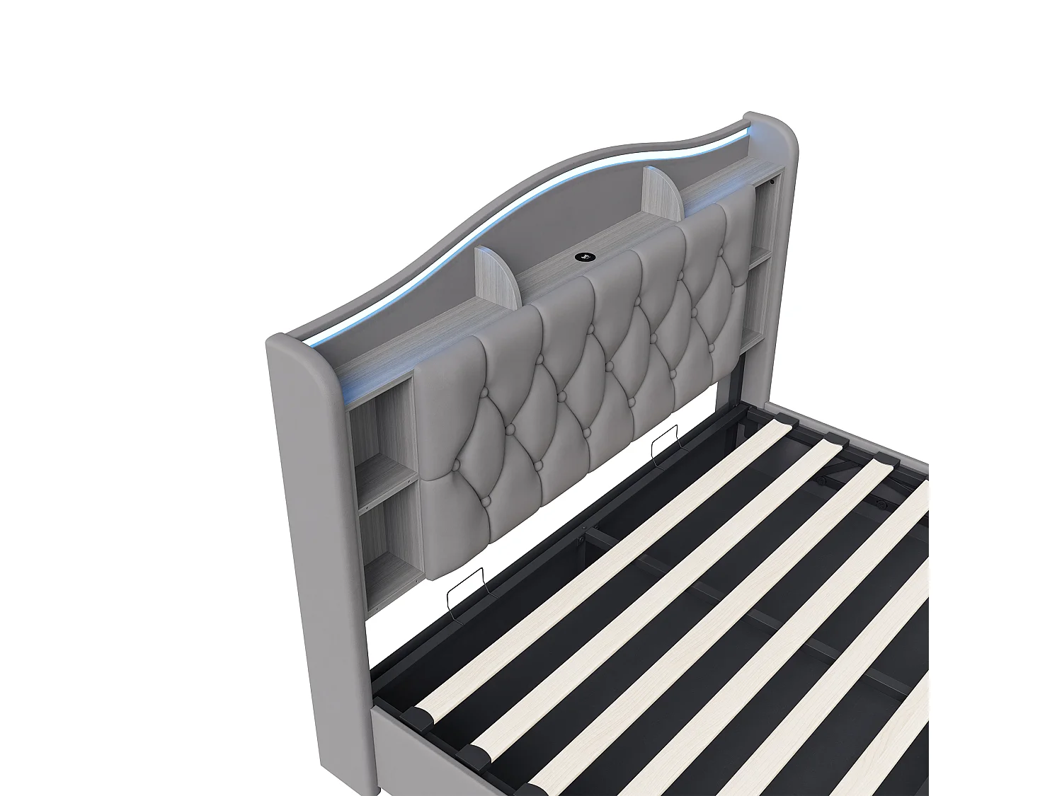 Lit double 140x200cm avec éclairage LED et ports USB - rangement hydraulique - velours - style moderne - gris