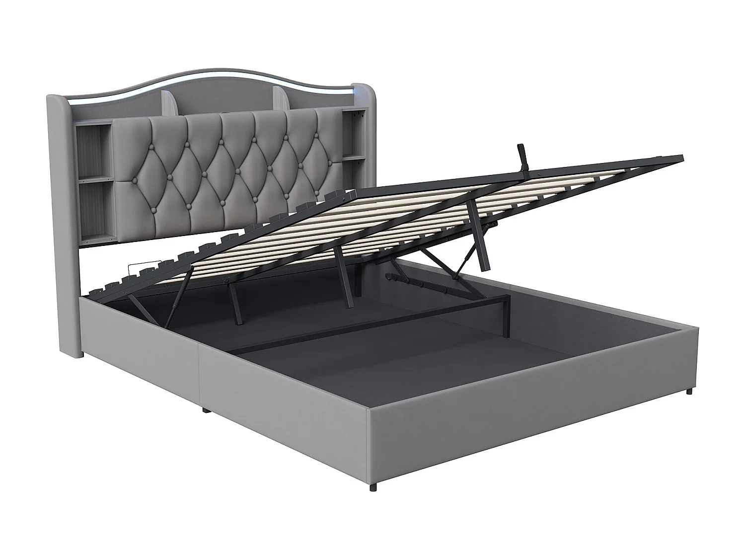 Lit double 140x200cm avec éclairage LED et ports USB - rangement hydraulique - velours - style moderne - gris