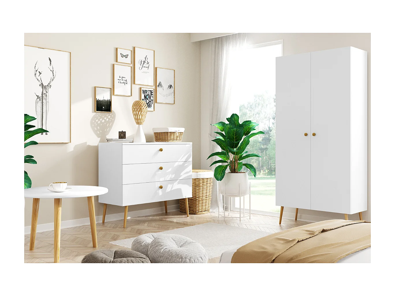 Kleiderschrank NATURA, 87 cm, Weiß Matt, mit 5 Fächern