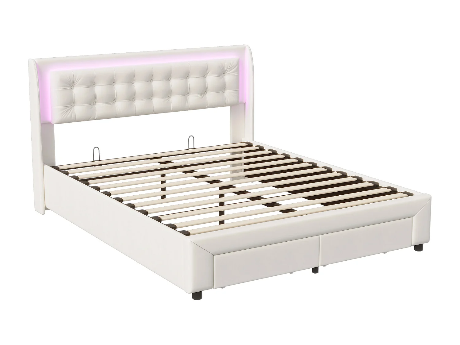 Lit coffre 140x190cm avec 2 tiroirs et lumière LED,Lit Double avec espace de stockage hydraulique et sommier à lattes,Velours,Beige