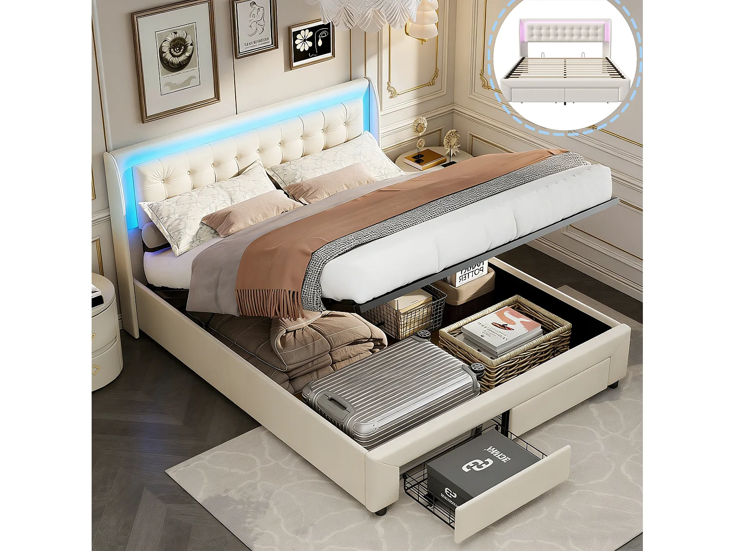 Lit coffre 140x190cm avec 2 tiroirs et lumière LED,Lit Double avec espace de stockage hydraulique et sommier à lattes,Velours,Beige