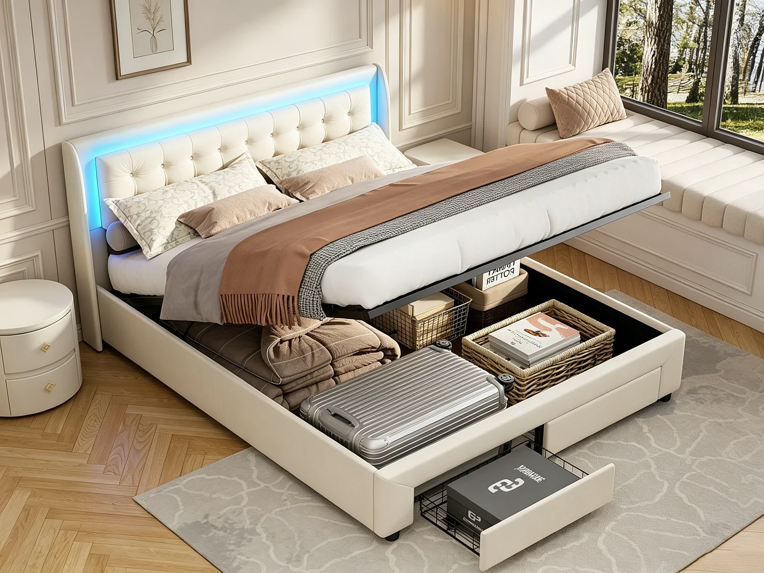 Cama con almacenamiento de 140x190 cm con 2 cajones y luz LED, con espacio de almacenamiento hidráulico y somier de láminas, terciopelo, beige