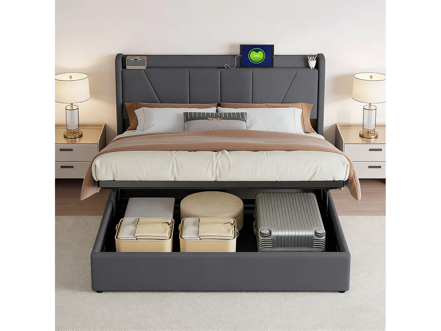 Opbergbed van 160x200 cm met Type-C- en USB-poort, gestoffeerd tweepersoonsbed met lattenbodem, hydraulisch gestoffeerd bed met opbergruimte, linnen, grijs