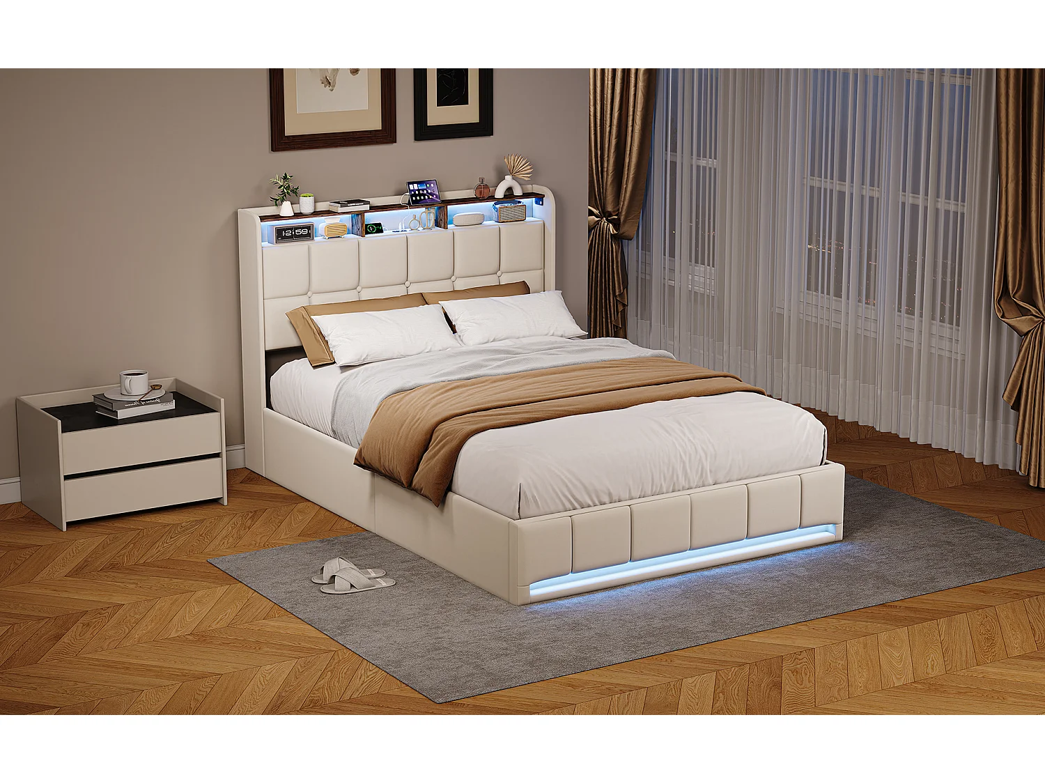 Cama de 140x200cm con almacenamiento, LED, puerto USB y puerto Tipo-C, cama doble tapizada con almacenamiento, estructura de cama, base de láminas, lino, beige
