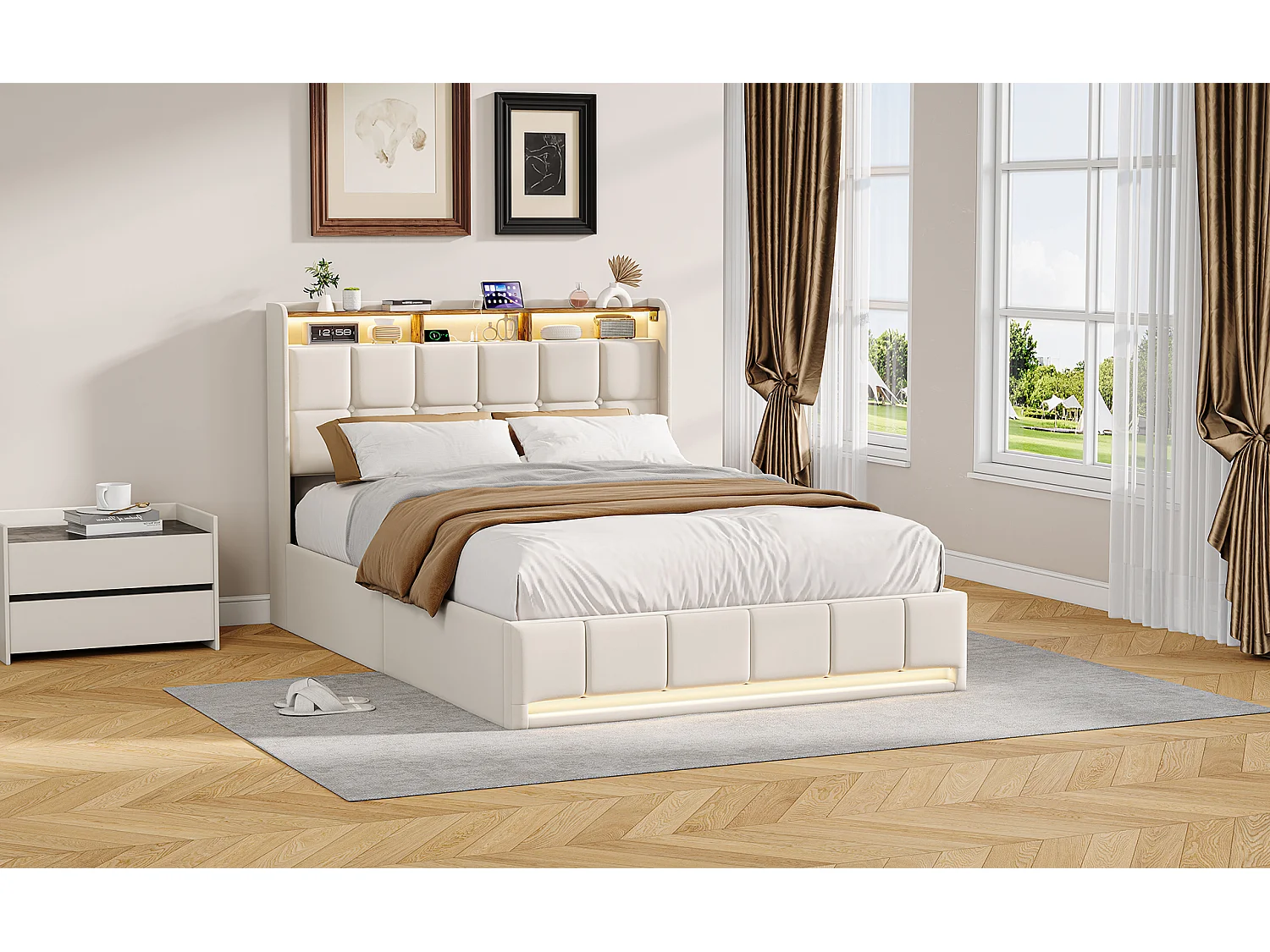 Cama de 140x200cm con almacenamiento, LED, puerto USB y puerto Tipo-C, cama doble tapizada con almacenamiento, estructura de cama, base de láminas, lino, beige