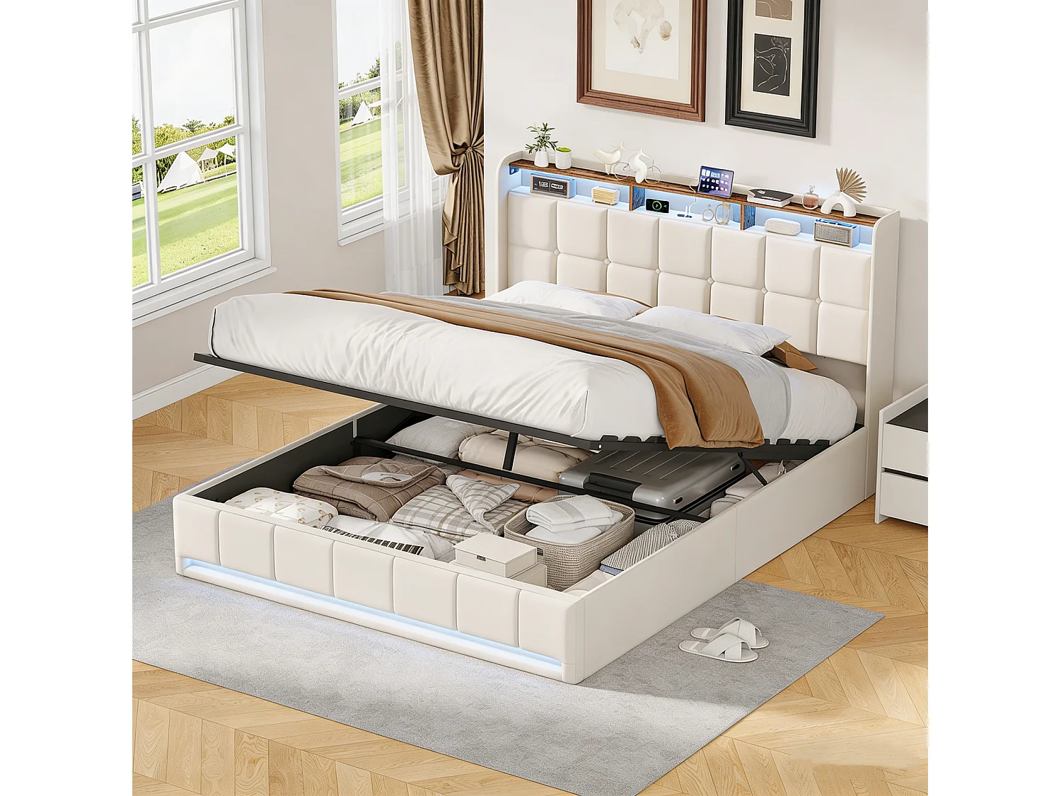 Cama de 140x200cm con almacenamiento, LED, puerto USB y puerto Tipo-C, cama doble tapizada con almacenamiento, estructura de cama, base de láminas, lino, beige
