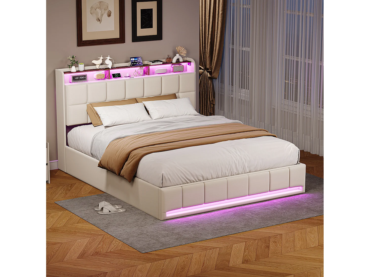 Cama con almacenamiento de 160x200cm con LED, puerto USB y puerto Tipo-C, estructura de cama con almacenamiento, lino, beige