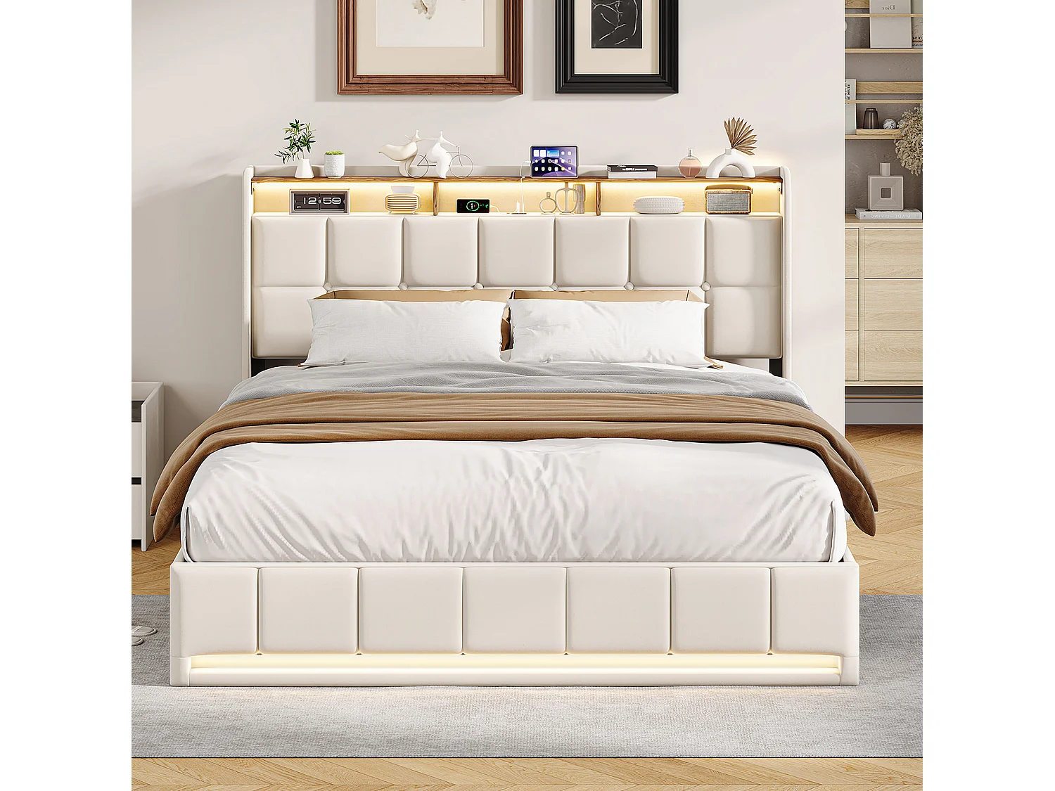 Cama con almacenamiento de 160x200cm con LED, puerto USB y puerto Tipo-C, estructura de cama con almacenamiento, lino, beige