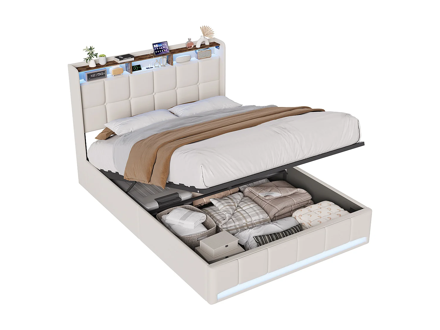 Cama con almacenamiento de 160x200cm con LED, puerto USB y puerto Tipo-C, estructura de cama con almacenamiento, lino, beige