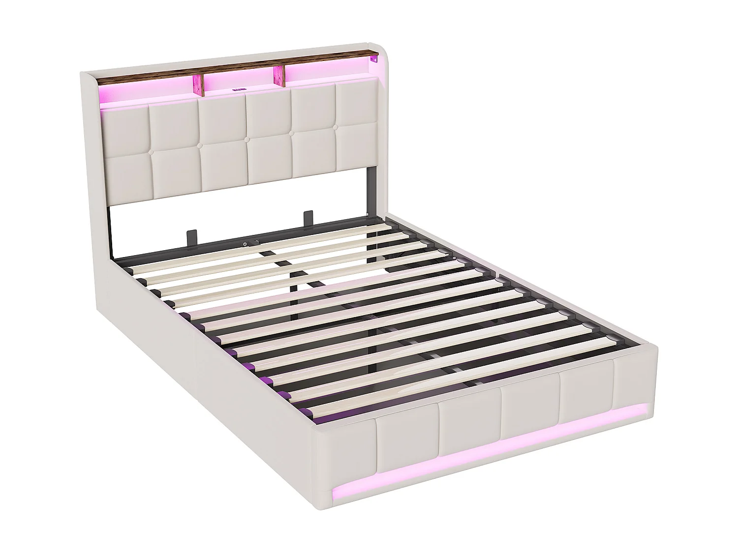 Cama con almacenamiento de 160x200cm con LED, puerto USB y puerto Tipo-C, estructura de cama con almacenamiento, lino, beige