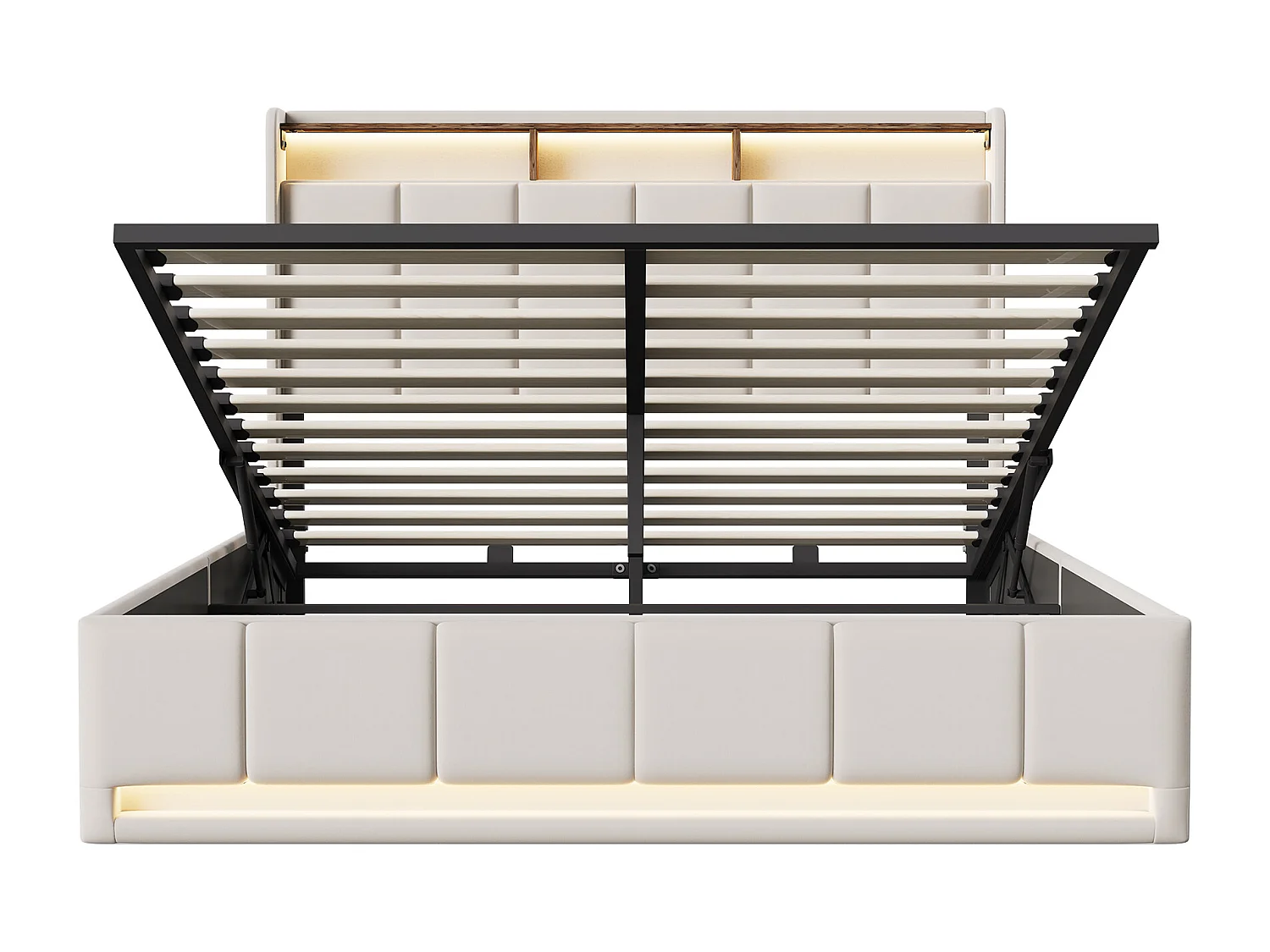 Cama con almacenamiento de 160x200cm con LED, puerto USB y puerto Tipo-C, estructura de cama con almacenamiento, lino, beige