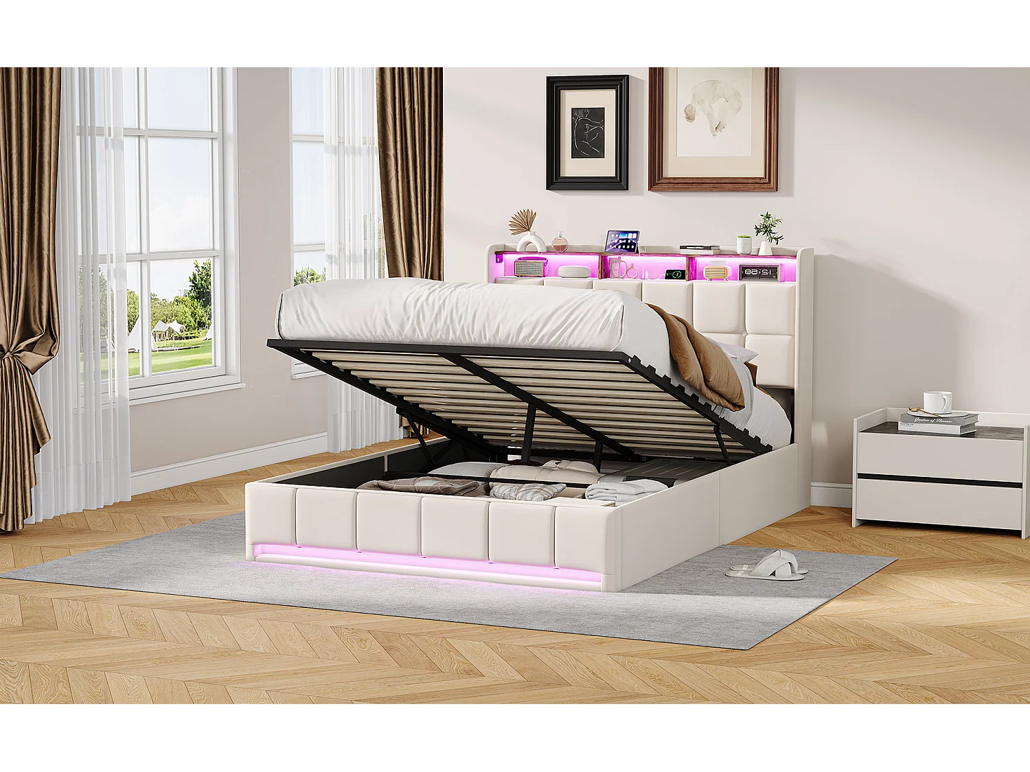 Cama con almacenamiento de 160x200cm con LED, puerto USB y puerto Tipo-C, estructura de cama con almacenamiento, lino, beige