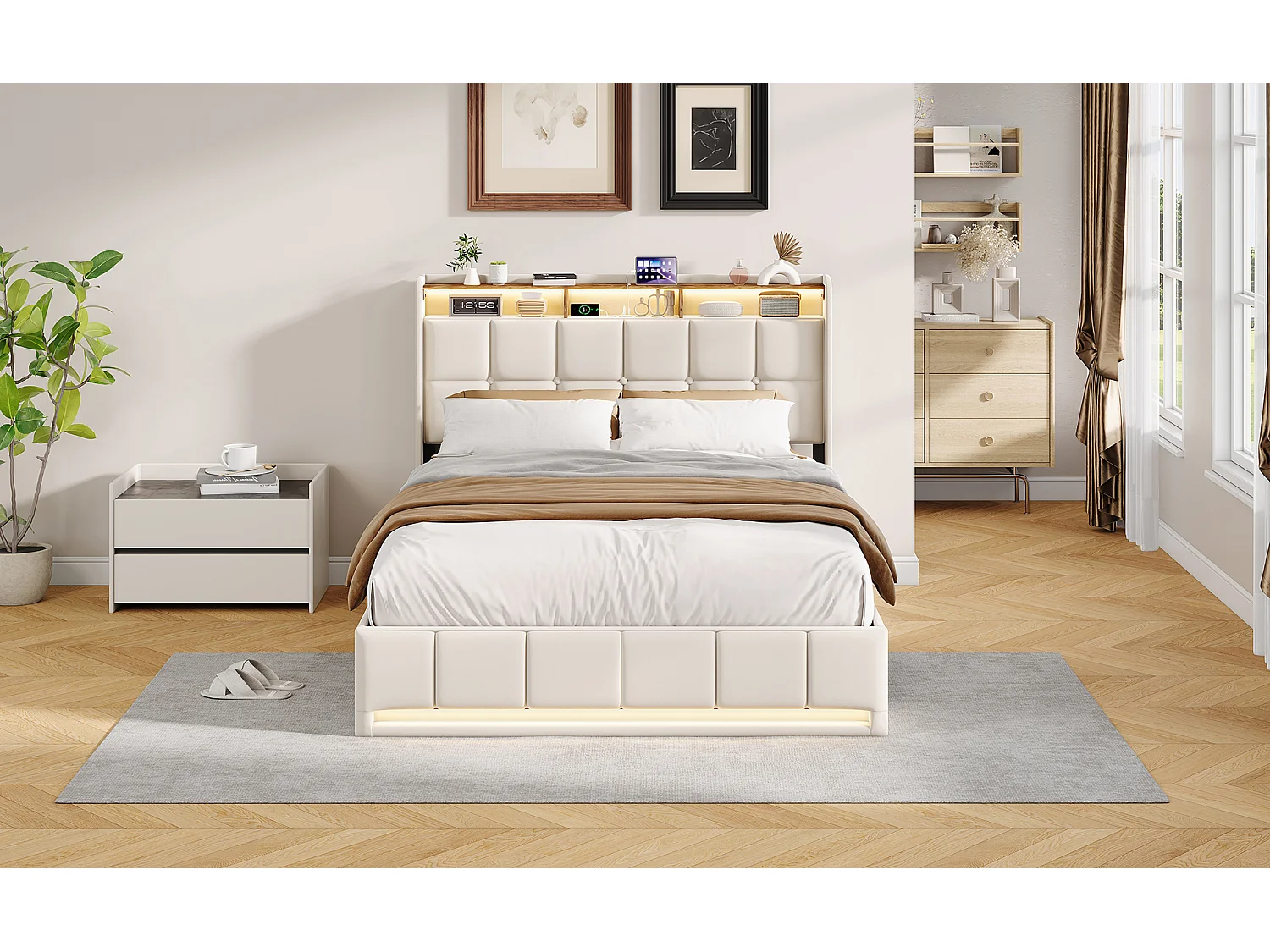 Cama con almacenamiento de 160x200cm con LED, puerto USB y puerto Tipo-C, estructura de cama con almacenamiento, lino, beige