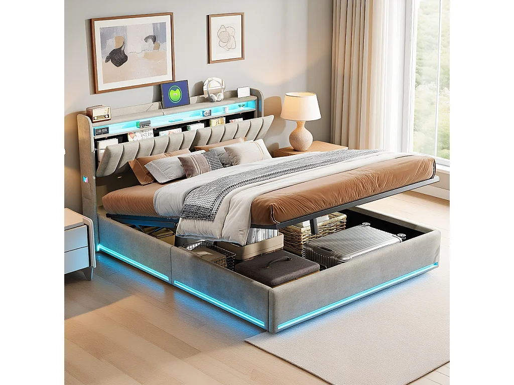 Lit Coffre 140 x 190 cm, avec tête de lit conteneur et LED et USB, Lit rembourré, Lit double avec Sommier en Bois et Velours, Gris