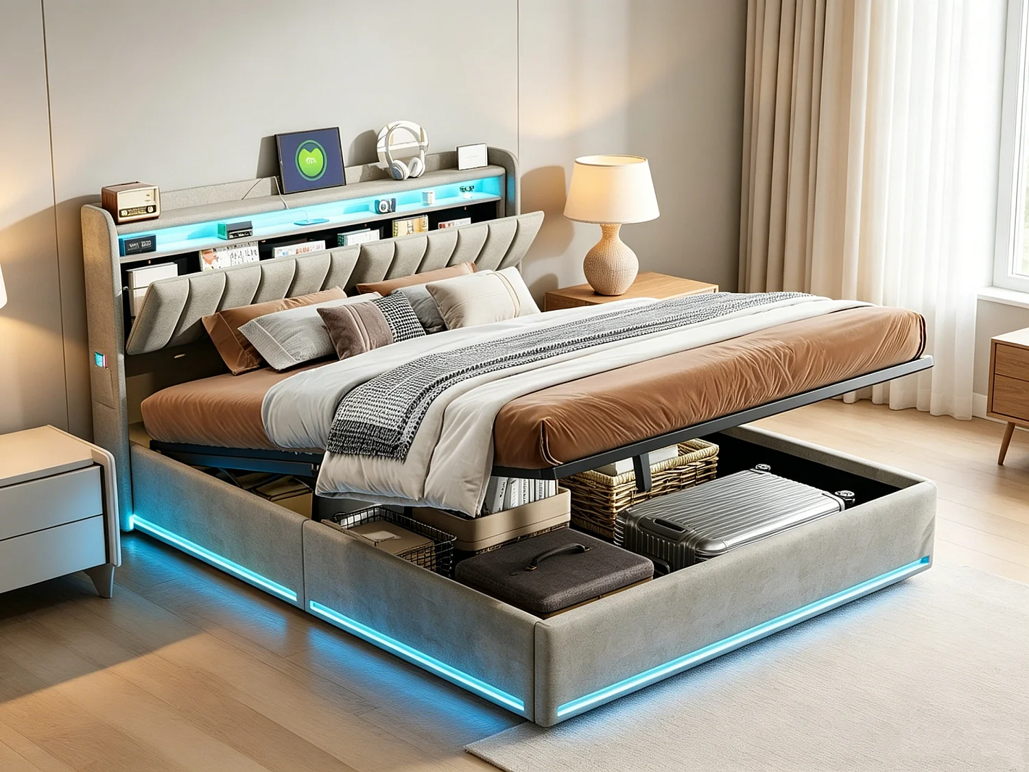 Opbergbed 140 x 190 cm, met hoofdbord, opbergvak, led- en usb-poorten, gestoffeerd bed, tweepersoonsbed met lattenbodem van hout en fluweel, grijs