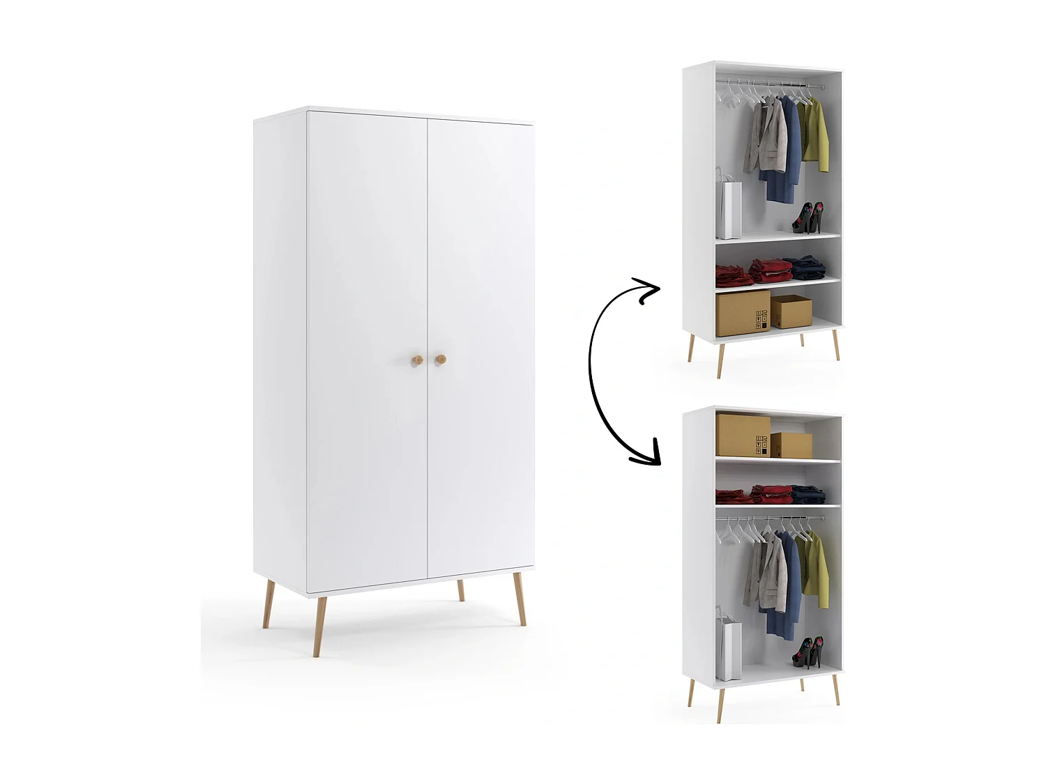 Kleiderschrank NATURA, 100 cm, Weiß Matt,  2-türig, mit Kleiderstange