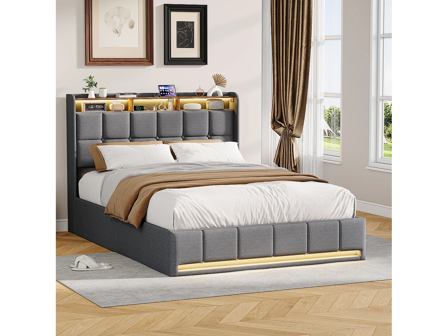 Opbergbed van 140x200 cm met ledverlichting, USB- en Type-C-poort, gestoffeerd tweepersoonsbed met opbergruimte, bedframe, lattenbodem, linnen, grijs