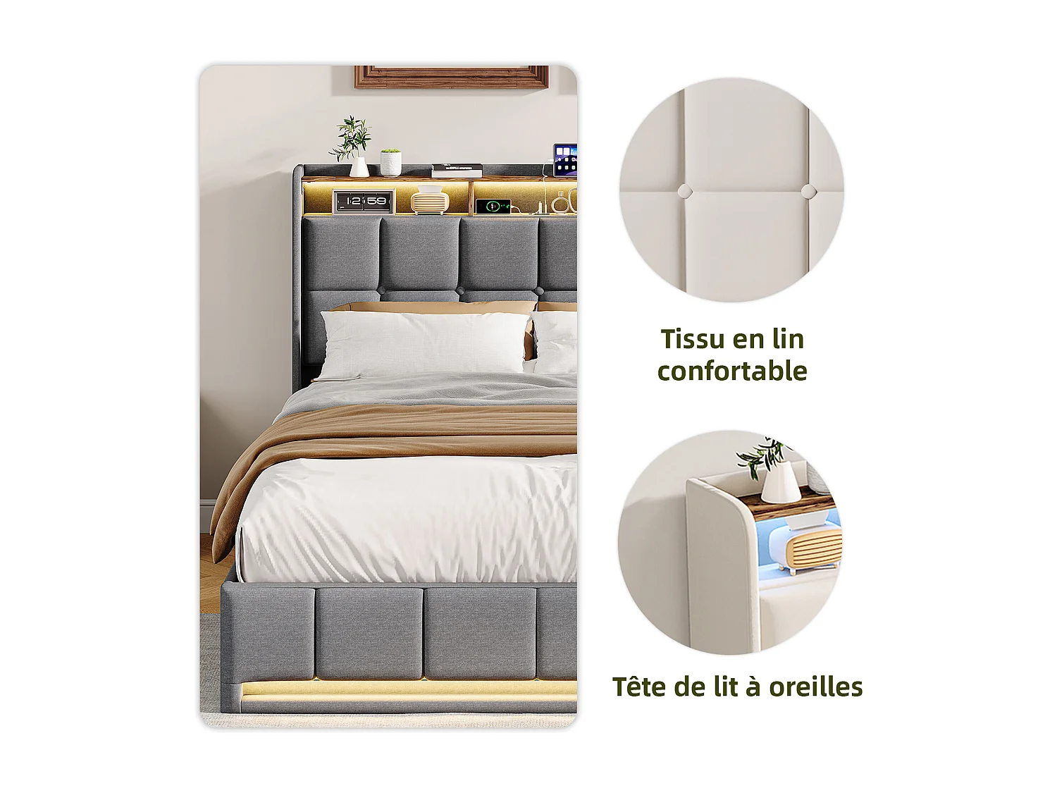 Opbergbed van 140x200 cm met ledverlichting, USB- en Type-C-poort, gestoffeerd tweepersoonsbed met opbergruimte, bedframe, lattenbodem, linnen, grijs