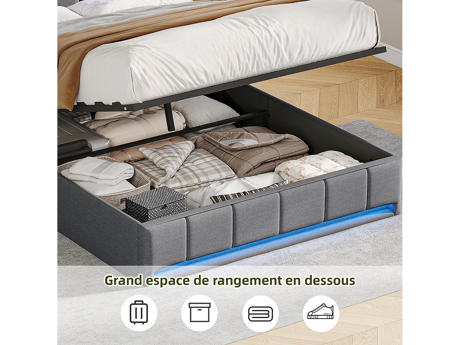 Opbergbed van 140x200 cm met ledverlichting, USB- en Type-C-poort, gestoffeerd tweepersoonsbed met opbergruimte, bedframe, lattenbodem, linnen, grijs