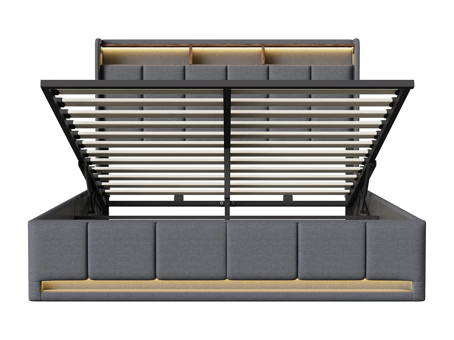 Opbergbed van 140x200 cm met ledverlichting, USB- en Type-C-poort, gestoffeerd tweepersoonsbed met opbergruimte, bedframe, lattenbodem, linnen, grijs