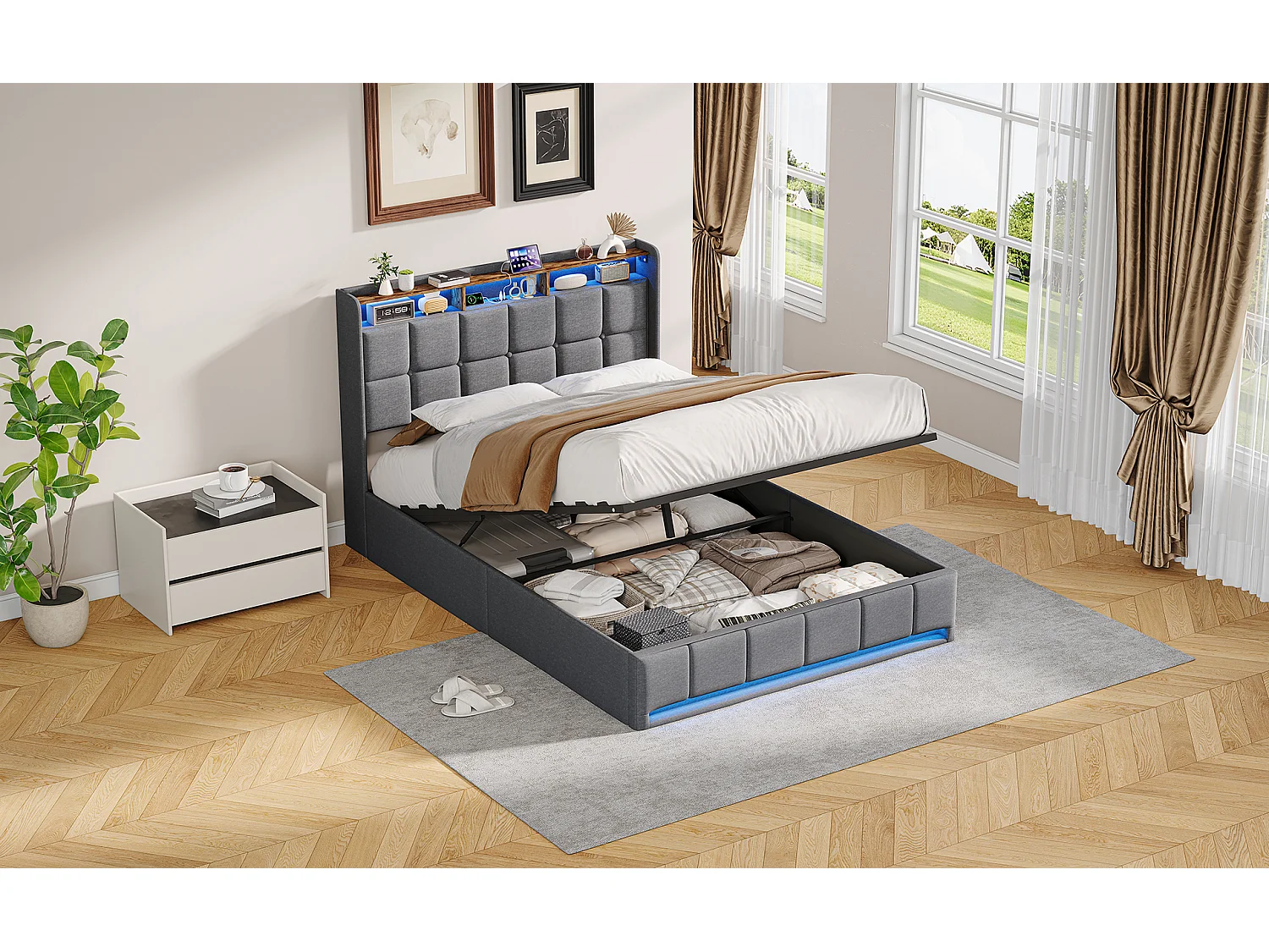 Opbergbed van 140x200 cm met ledverlichting, USB- en Type-C-poort, gestoffeerd tweepersoonsbed met opbergruimte, bedframe, lattenbodem, linnen, grijs
