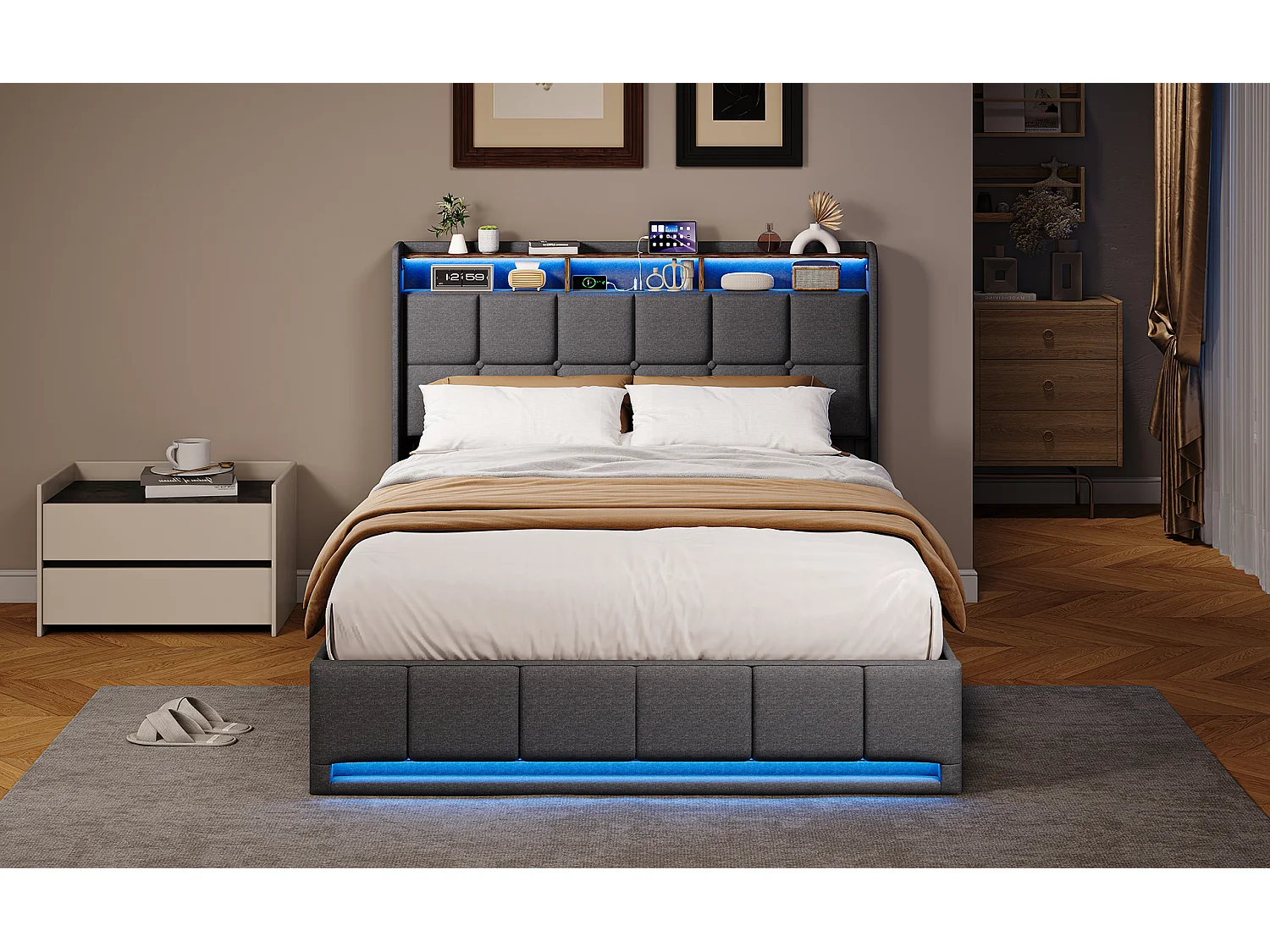 Opbergbed van 140x200 cm met ledverlichting, USB- en Type-C-poort, gestoffeerd tweepersoonsbed met opbergruimte, bedframe, lattenbodem, linnen, grijs