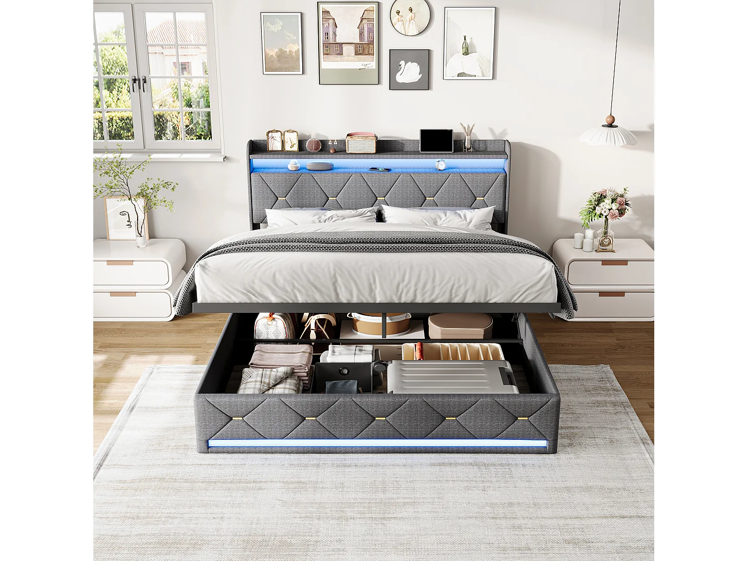 Cama para adultos de 160 x 200 cm con iluminación LED y puertos USB - compartimento de almacenamiento hidráulico - ropa de cama - gris