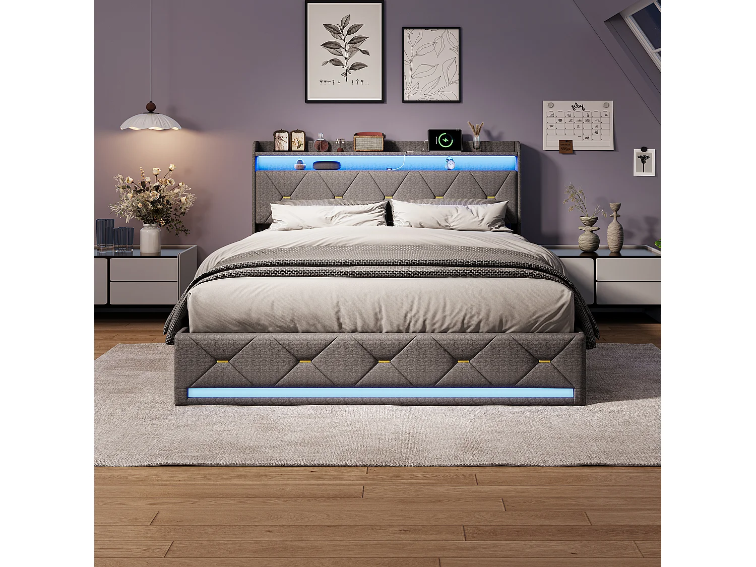 Cama para adultos de 160 x 200 cm con iluminación LED y puertos USB - compartimento de almacenamiento hidráulico - ropa de cama - gris