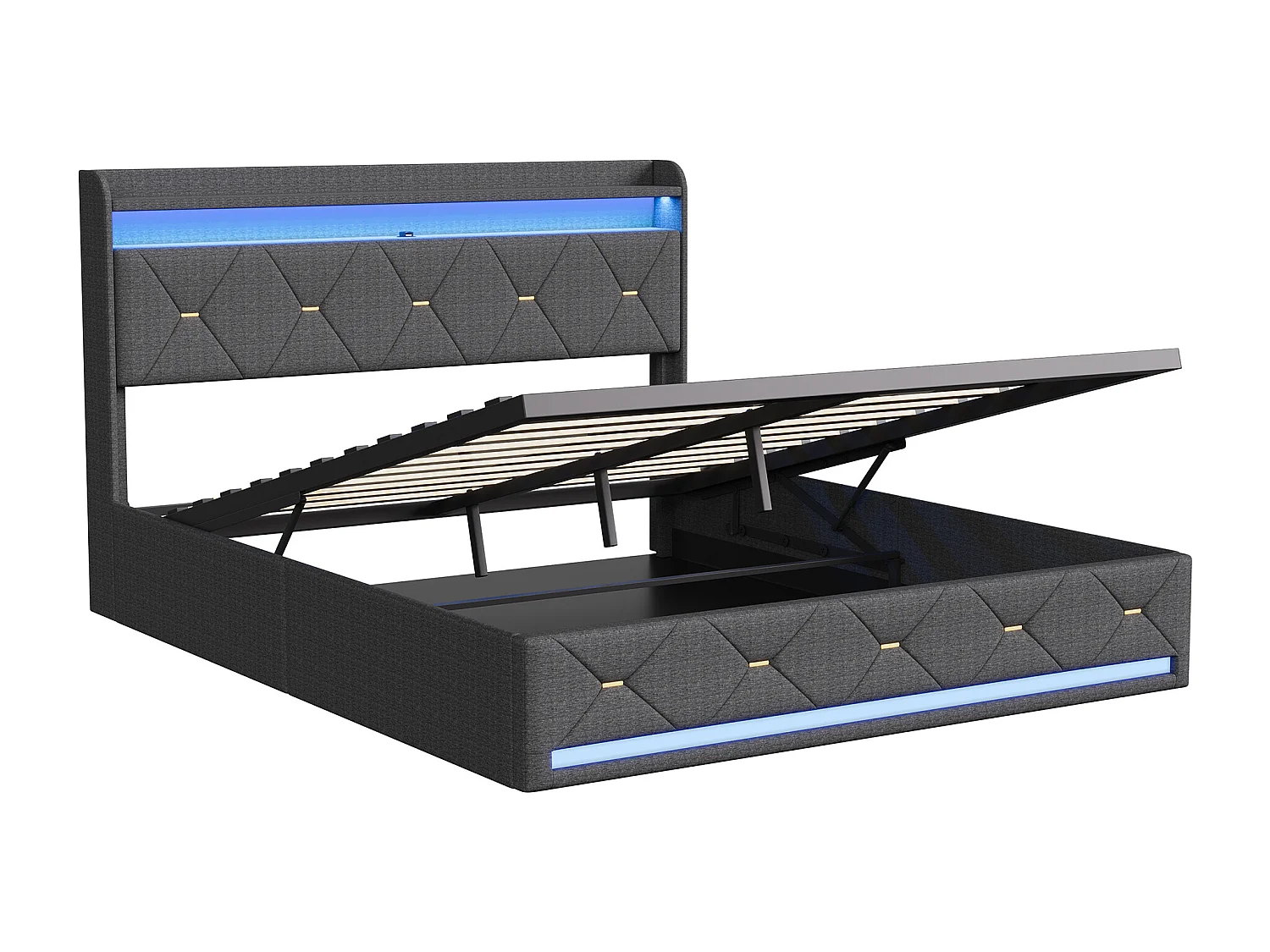 Cama para adultos de 160 x 200 cm con iluminación LED y puertos USB - compartimento de almacenamiento hidráulico - ropa de cama - gris