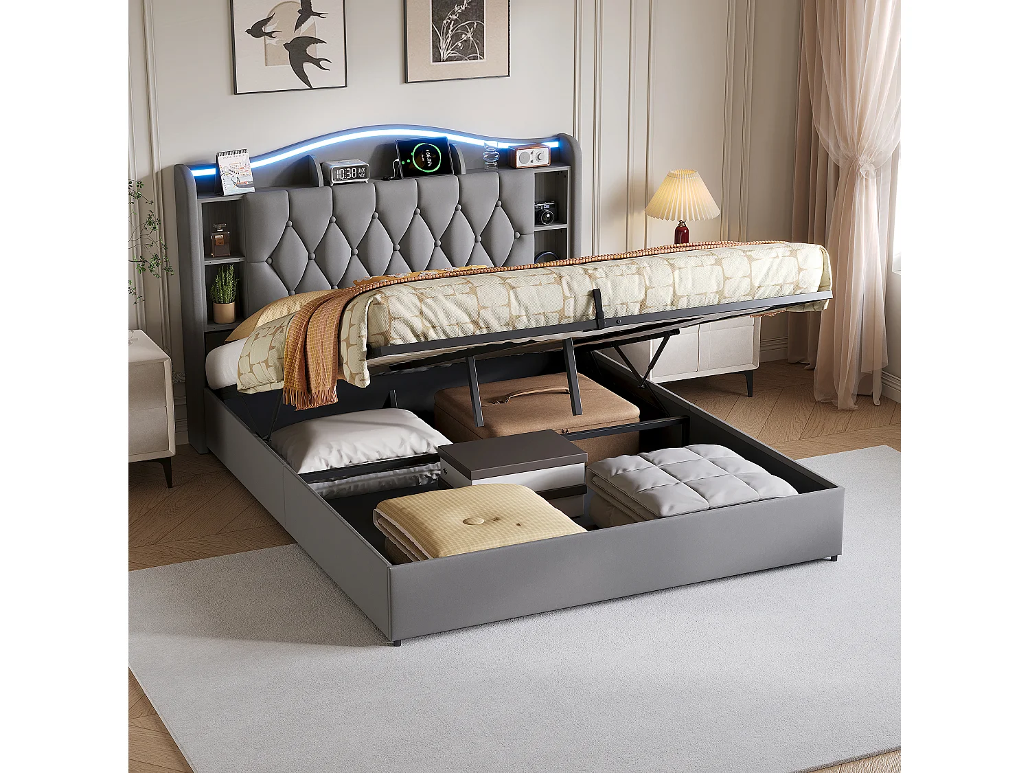 Lit adulte 140x190cm avec éclairage LED et ports USB - rangement hydraulique - velours - style moderne - gris