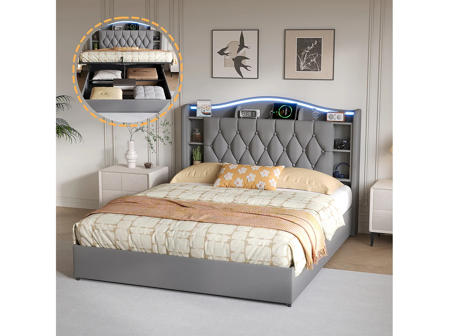 Lit adulte 140x190cm avec éclairage LED et ports USB - rangement hydraulique - velours - style moderne - gris