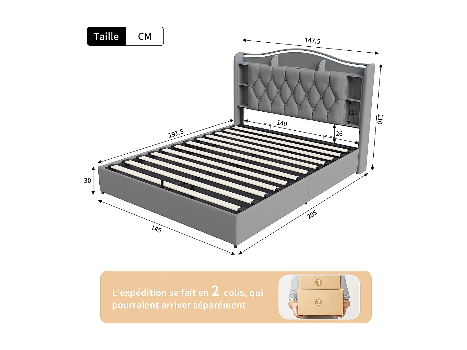Lit adulte 140x190cm avec éclairage LED et ports USB - rangement hydraulique - velours - style moderne - gris