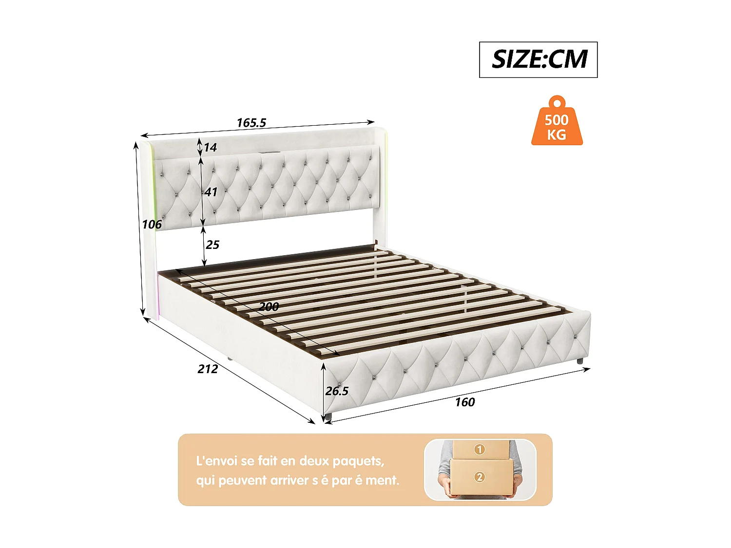 Lit Coffre 160 x 200 cm, avec éclairage LED et Charge USB, Lit Double Rembourré avec Rangement et Tete de lit, Velours, Blanc