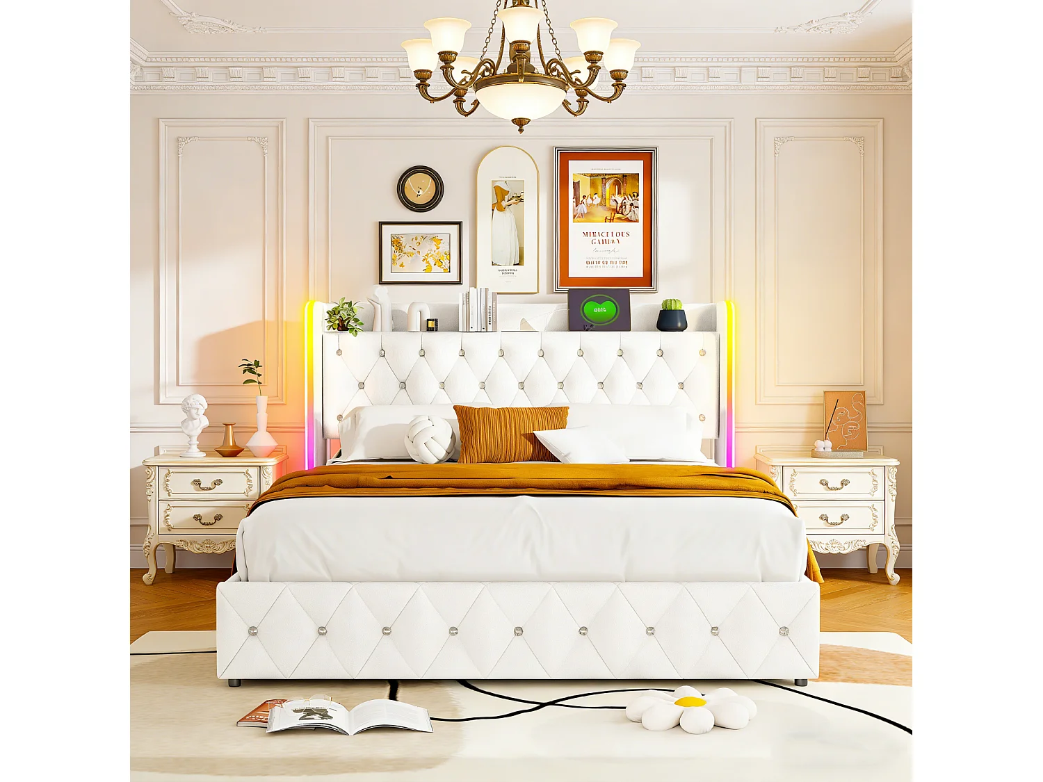 Lit Coffre 160 x 200 cm, avec éclairage LED et Charge USB, Lit Double Rembourré avec Rangement et Tete de lit, Velours, Blanc