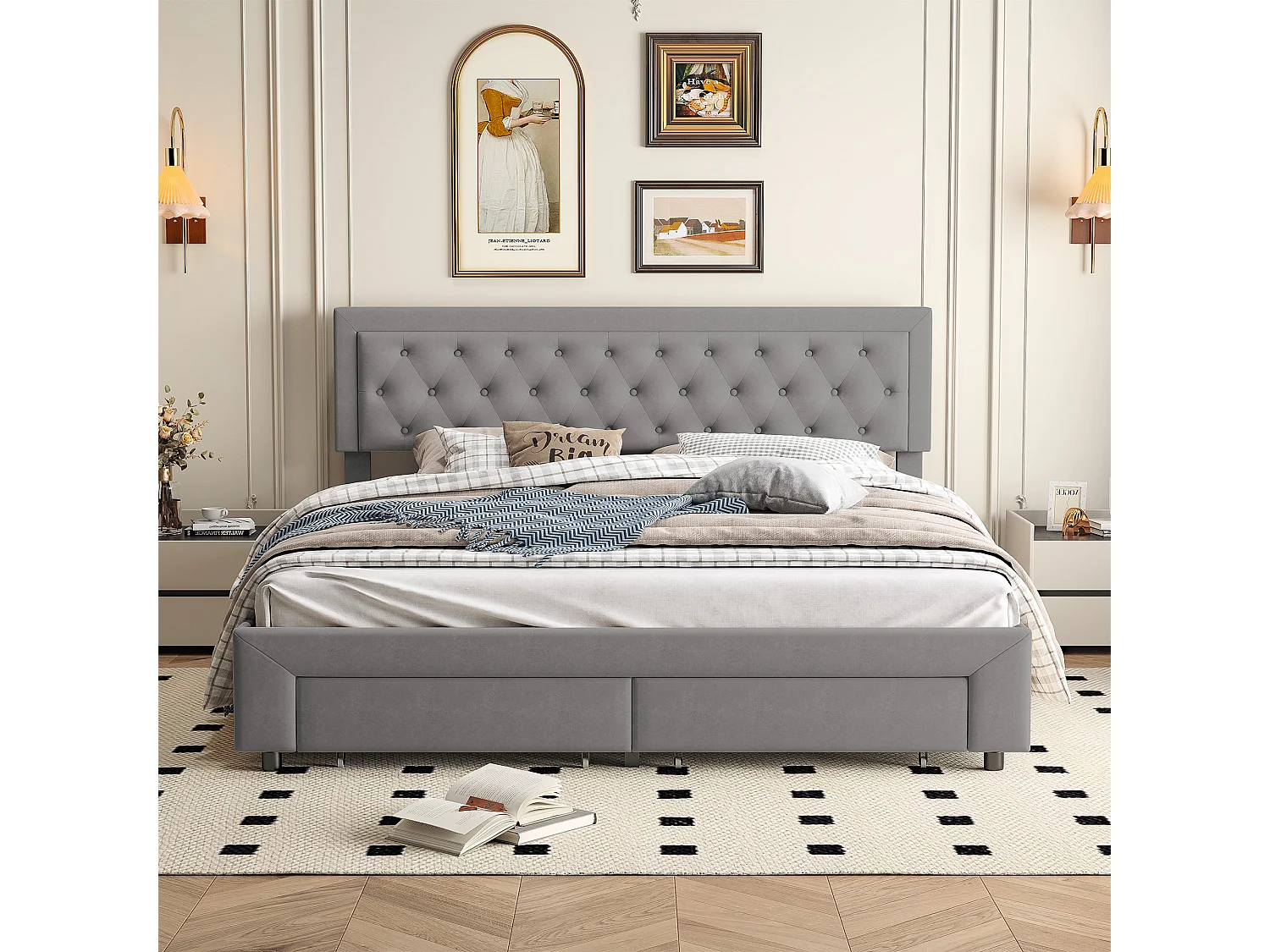 Opbergbed van 160x200 cm met lattenbodem – Zachte, fluweelbeklede rugleuning – Hydraulische hendel voor gemakkelijk opbergen – 2 lades – grijs