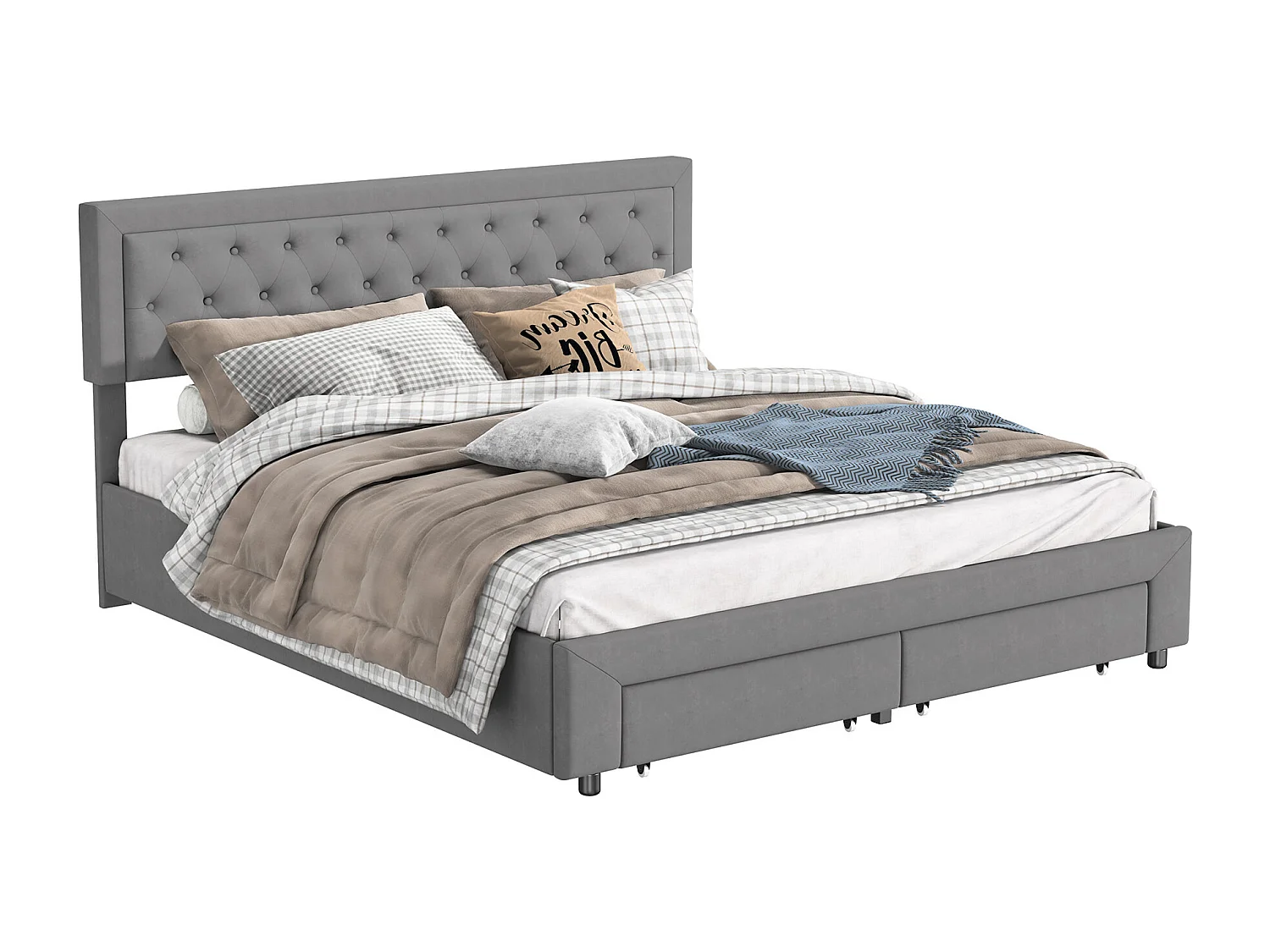 Opbergbed van 160x200 cm met lattenbodem – Zachte, fluweelbeklede rugleuning – Hydraulische hendel voor gemakkelijk opbergen – 2 lades – grijs