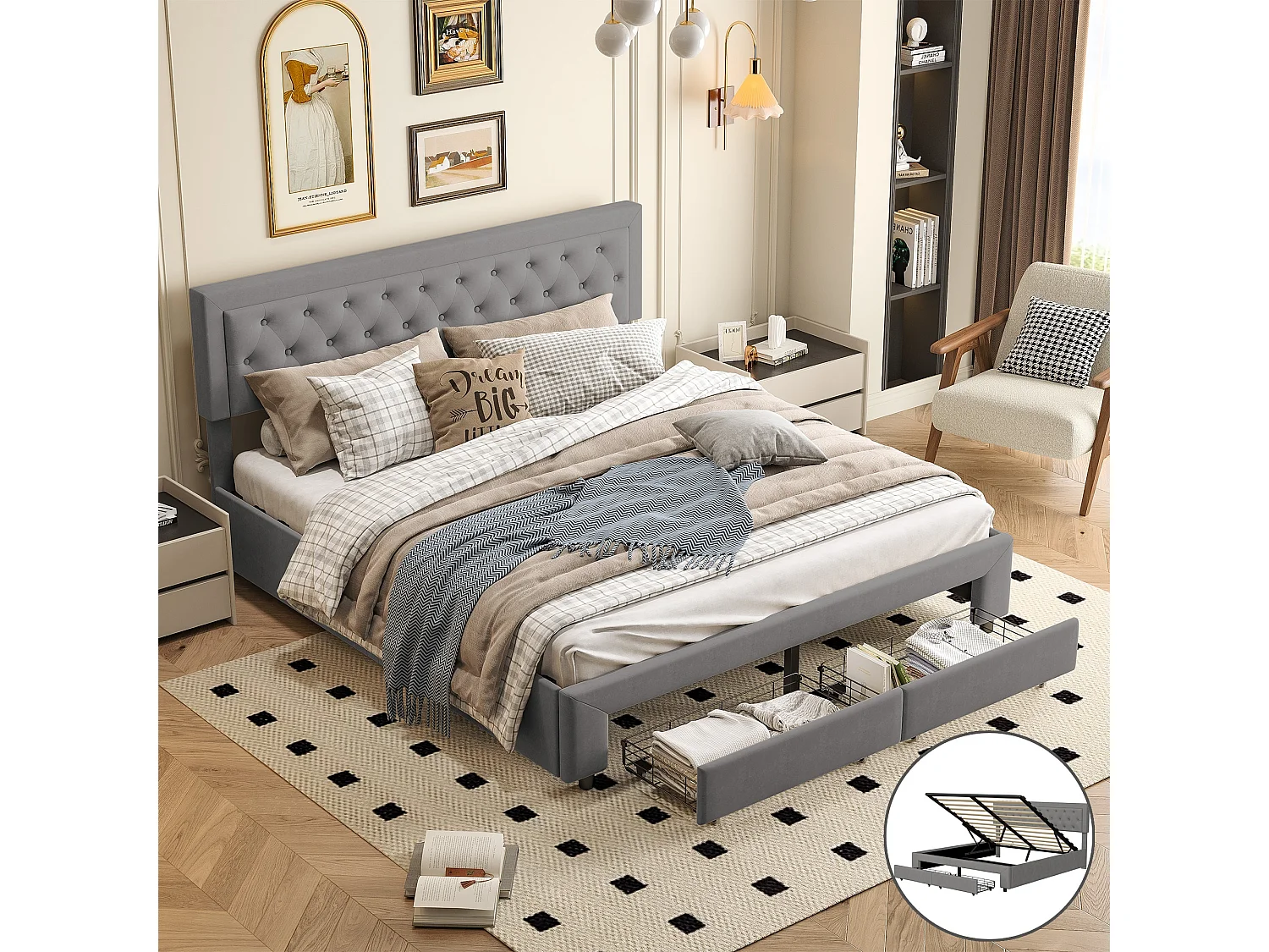 Lit double 180 x 200 cm avec espace de rangement hydraulique, lit à sommier à lattes, 2 tiroirs, lit rembourré avec coffre de lit, gris