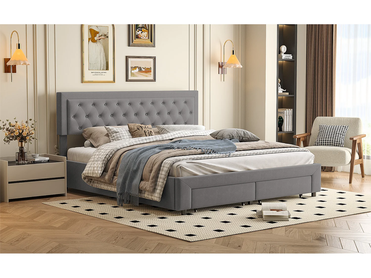 Lit double 180 x 200 cm avec espace de rangement hydraulique, lit à sommier à lattes, 2 tiroirs, lit rembourré avec coffre de lit, gris