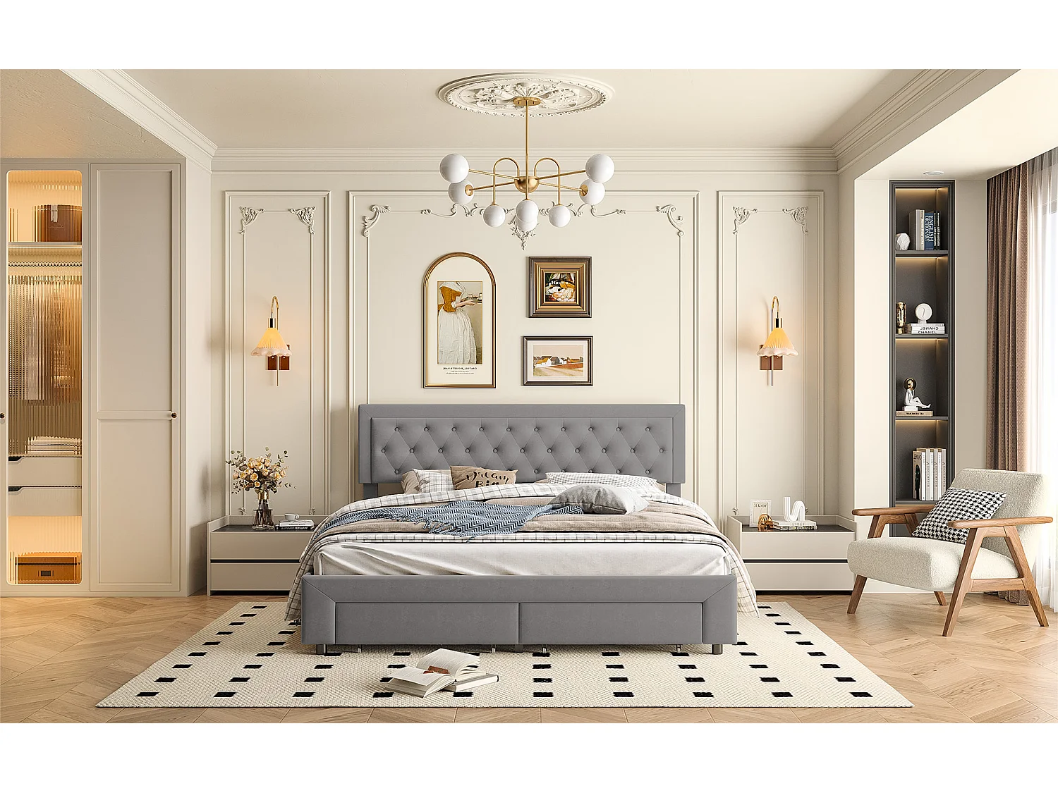 Lit double 180 x 200 cm avec espace de rangement hydraulique, lit à sommier à lattes, 2 tiroirs, lit rembourré avec coffre de lit, gris