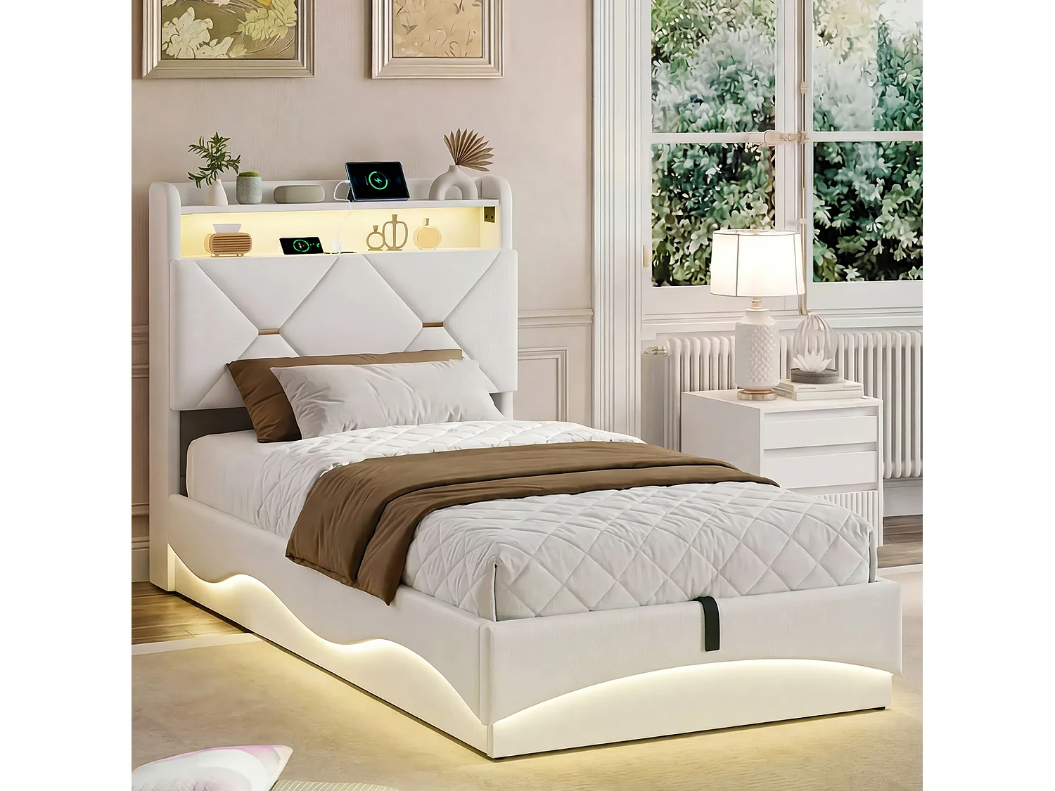 Lit simple 90x200 cm avec rangement hydraulique - tête de lit avec LED et port USB - velours - beige