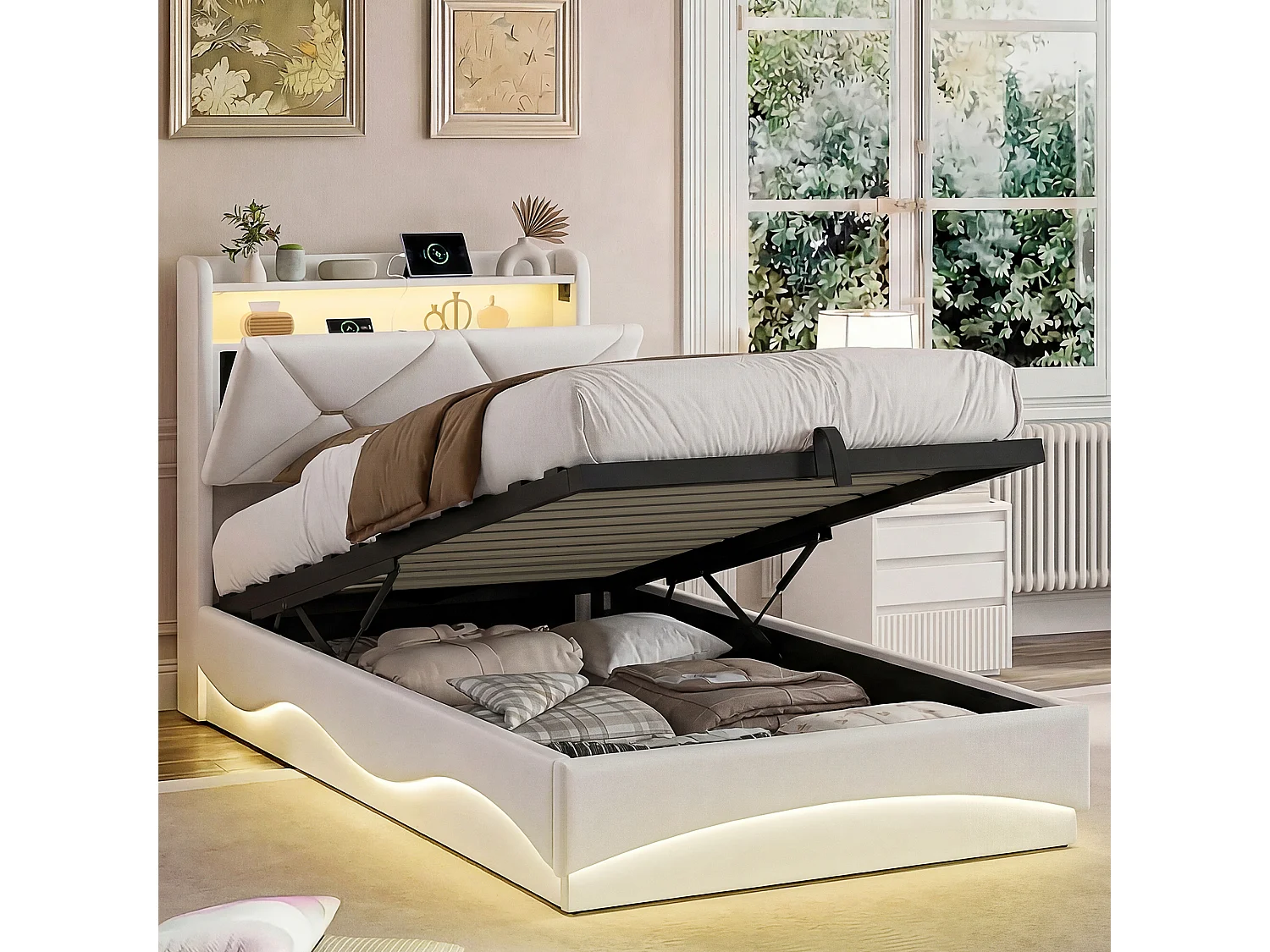 Lit simple 90x200 cm avec rangement hydraulique - tête de lit avec LED et port USB - velours - beige