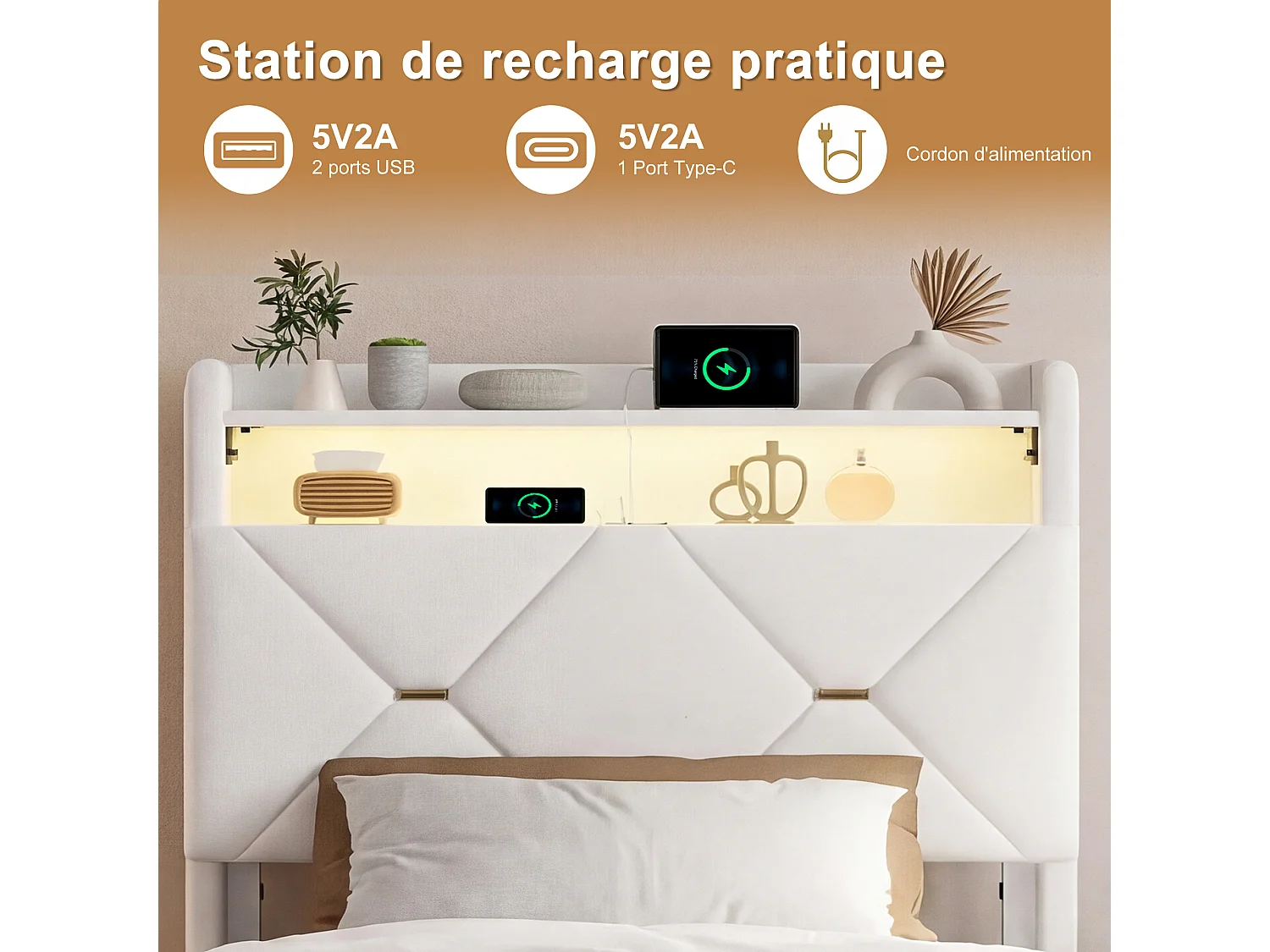 Lit simple 90x200 cm avec rangement hydraulique - tête de lit avec LED et port USB - velours - beige