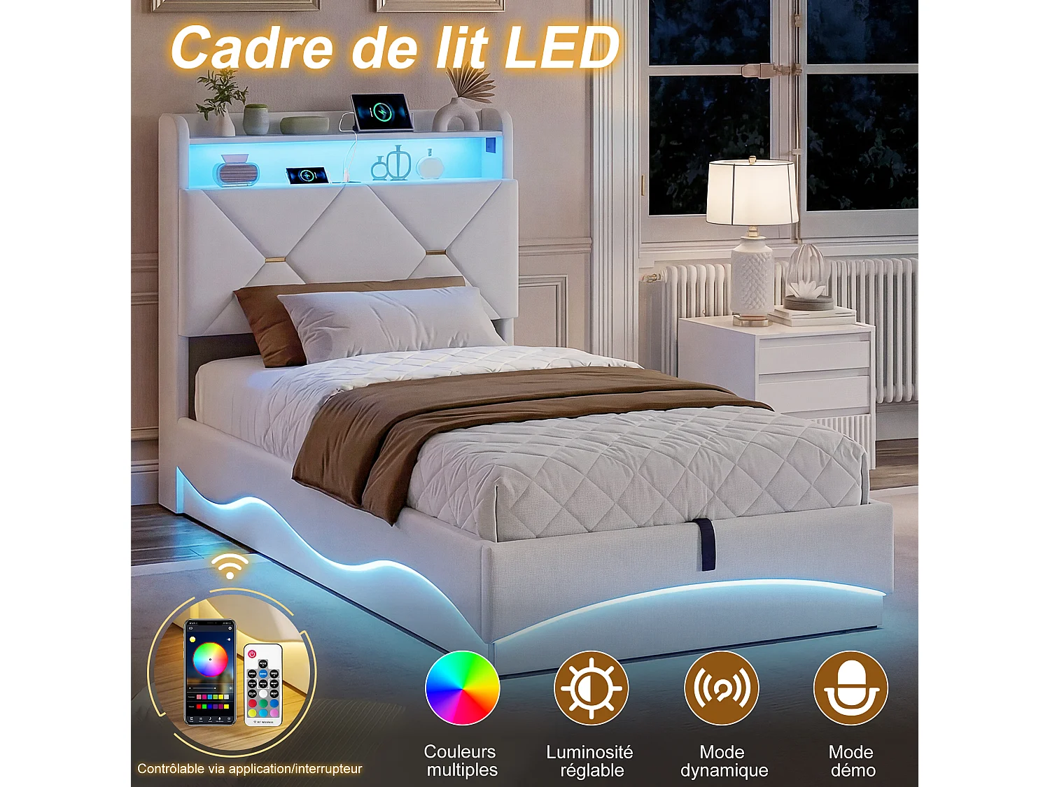 Lit simple 90x200 cm avec rangement hydraulique - tête de lit avec LED et port USB - velours - beige