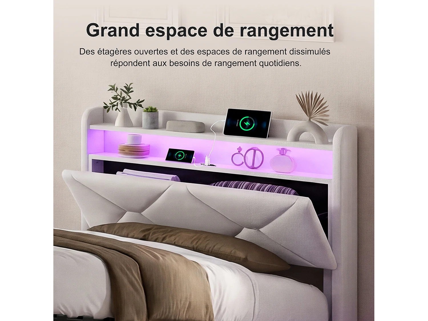 Lit simple 90x200 cm avec rangement hydraulique - tête de lit avec LED et port USB - velours - beige