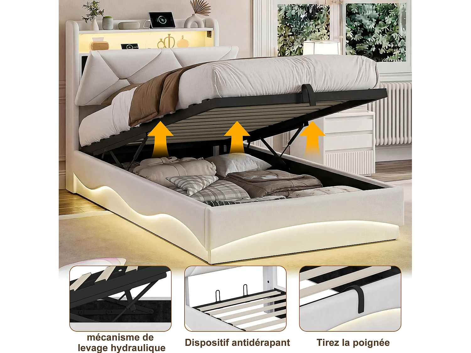 Lit simple 90x200 cm avec rangement hydraulique - tête de lit avec LED et port USB - velours - beige